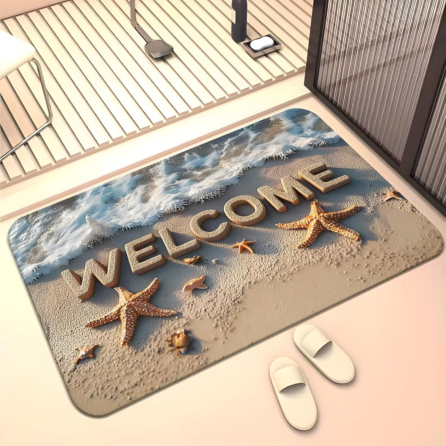 Krosen Welcome Doormat for Home Entrance, Bathroom Door Mat, Non-Slip Rectangular Front Door Mat with Beach Design, Rubber 3D Patterned Water Soaking Floor Mat for Entryway Bathroom Home & Office-image-17