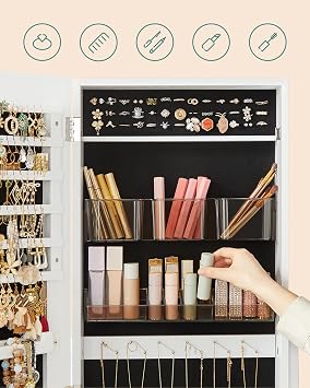 SONGMICS Jewelry Cabinet, Standing Mirrored Cabinet, Frameless Full Size Mirror with 2 Separate Makeup Supplies Regulators, Lockable, For Necklaces, Earrings, Makeup, White, Jjc002W01