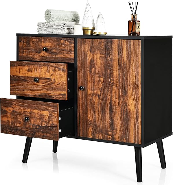 CASART Vintage Storage Cabinet, Wooden Storage Cupboard, Industrial Floor Standing Sideboard for Living Room, Bedroom, Hallway, Office (3 Drawers + 1 Door)
