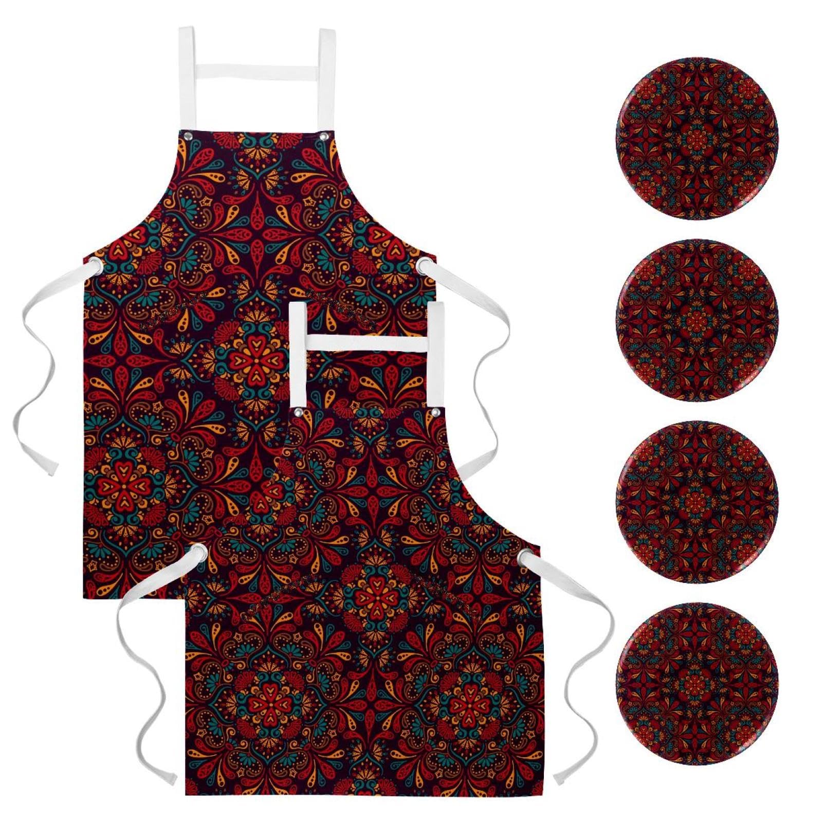 Tablier de cuisine Mandala rouge grand format avec broches incluses - 7