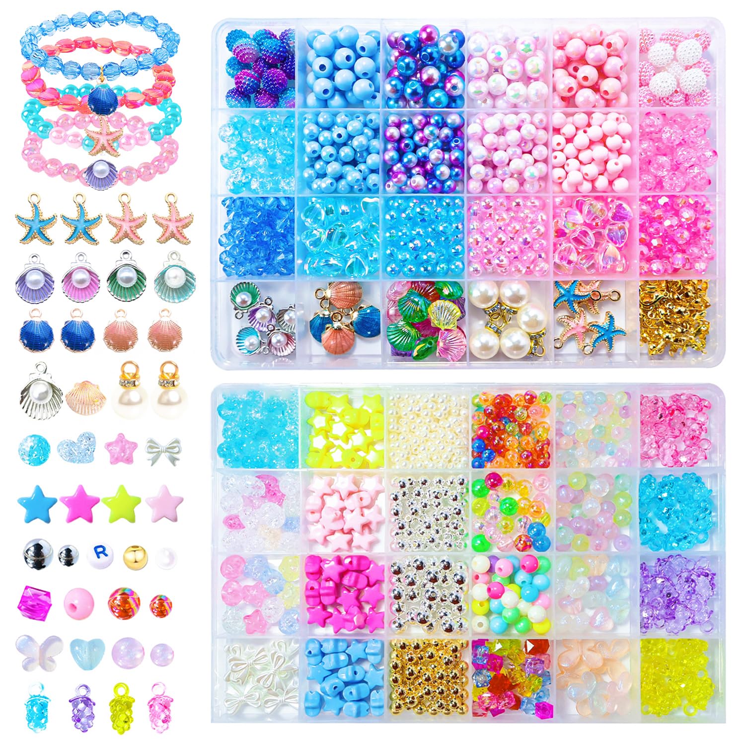YJWZ 1115pcs Stück Perlenset für Armbänder - 48 Farben Meeresthema Bastelset, Perlenset Kinder ab 4 Jahre & Erwachsene inkl Schmuckzubehör zum Auffädeln | DIY Armband Selber Machen Kit