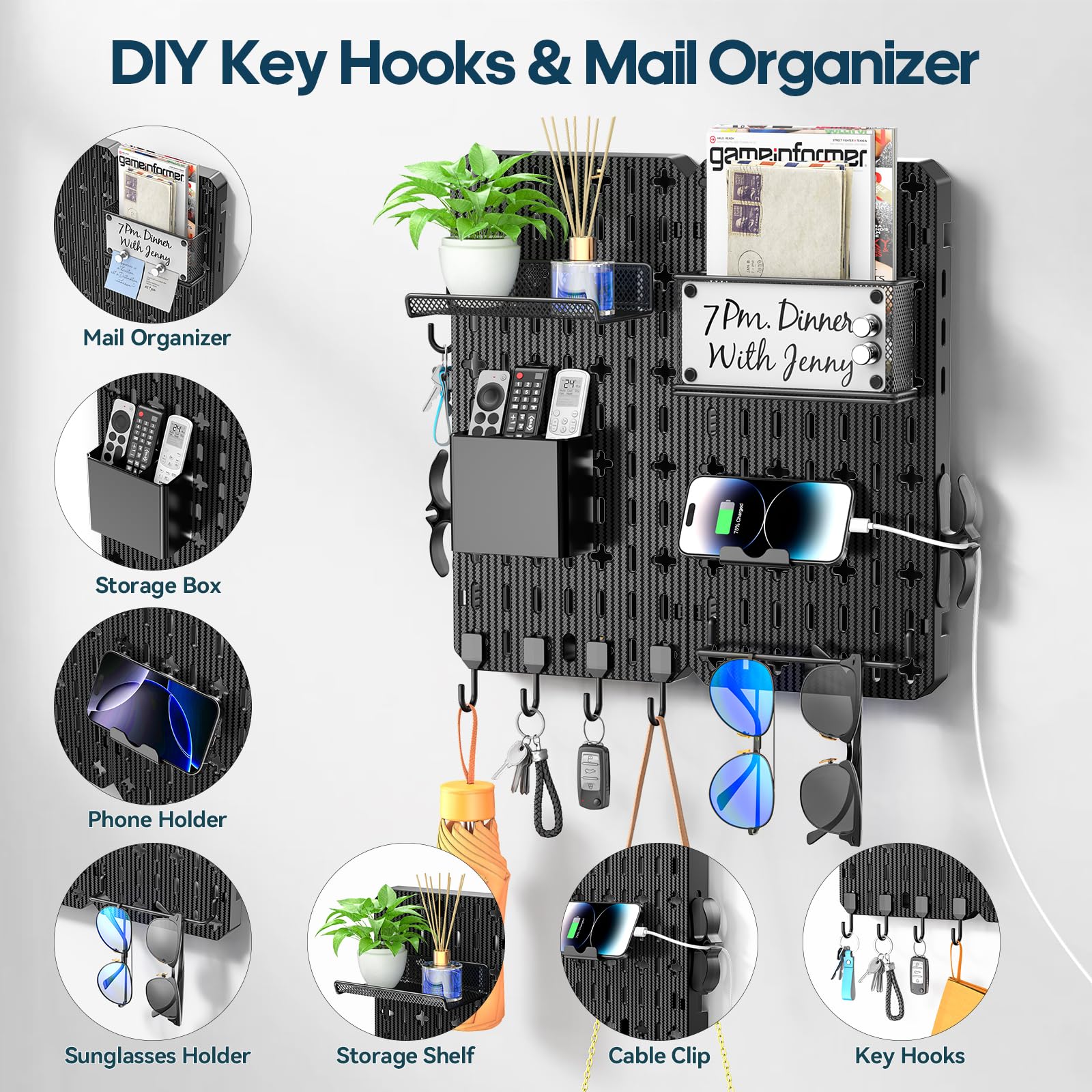 Key Holder Wall Mount 11-in-1 Mail Organizer 5 Key Hooks for Wall Metal Mail Holder Foldable Key Rack Entryway Decor Key Hanger Shelf for Bedroom Keyholder Letter Glasses Storage Dog Leash Coat Rack
