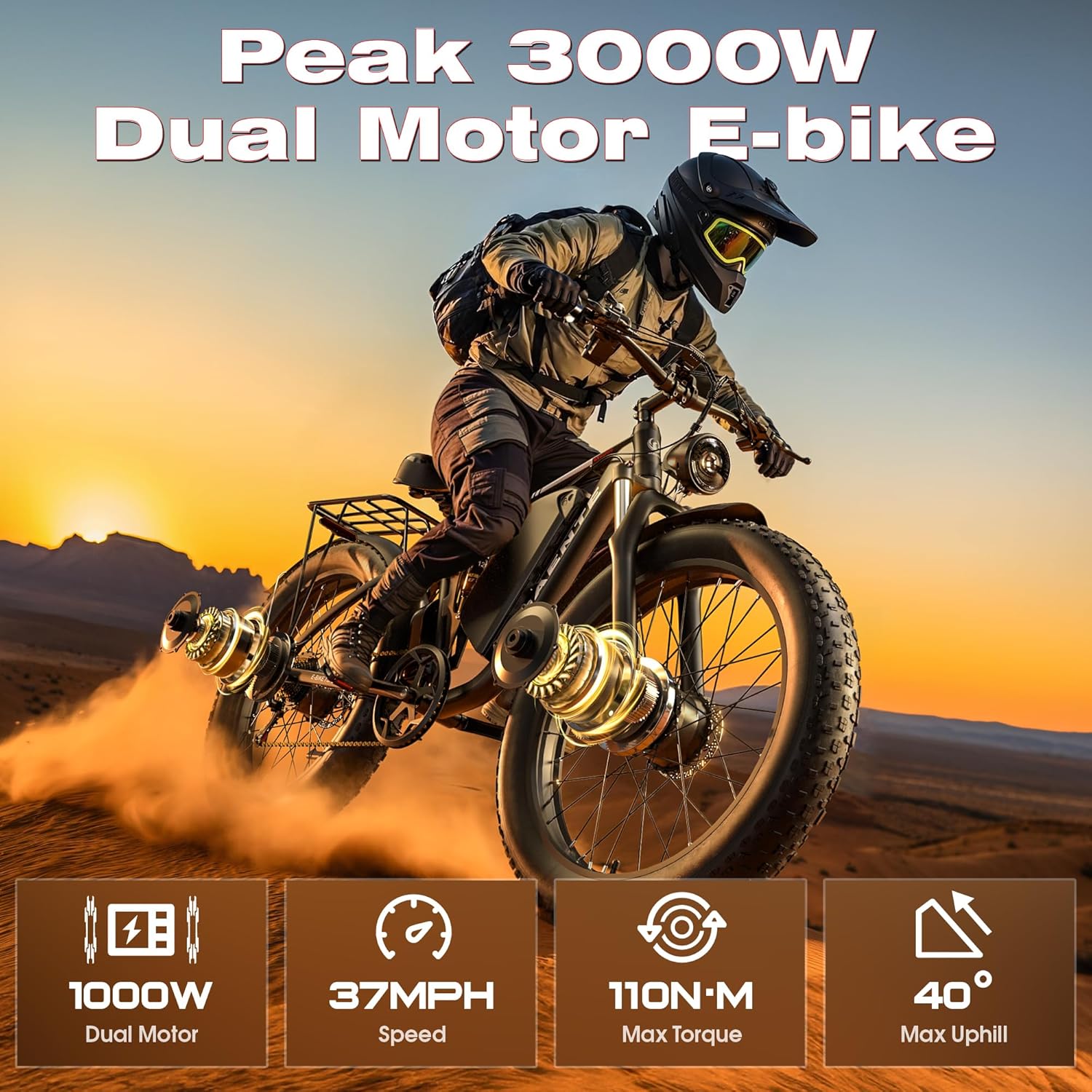 Electric Bike for Adults Dual Motor Peak 3000W Ebike - 52V 23Ah Battery, 37MPH, 26"x4" Fat Tires, Hydraulic Disc Brakes Full Suspension Electric Bicycle - Off-Road E-Bike for Men & Women