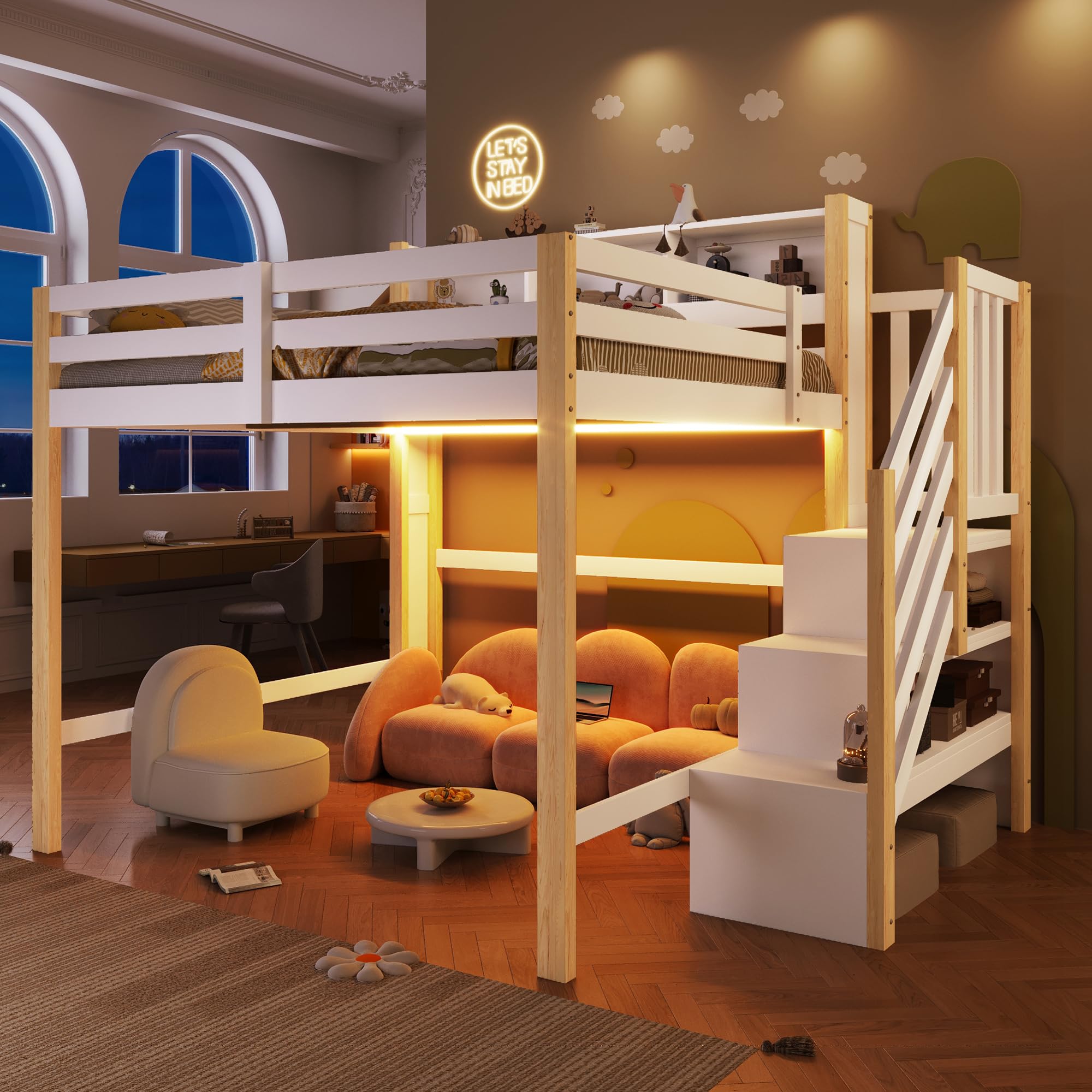 BTM Holz Hochbett 140x200 mit Stauraum und LED-Leuchten Kinderhochbett mit Rausfallschutz, Treppe Weiß+Natur