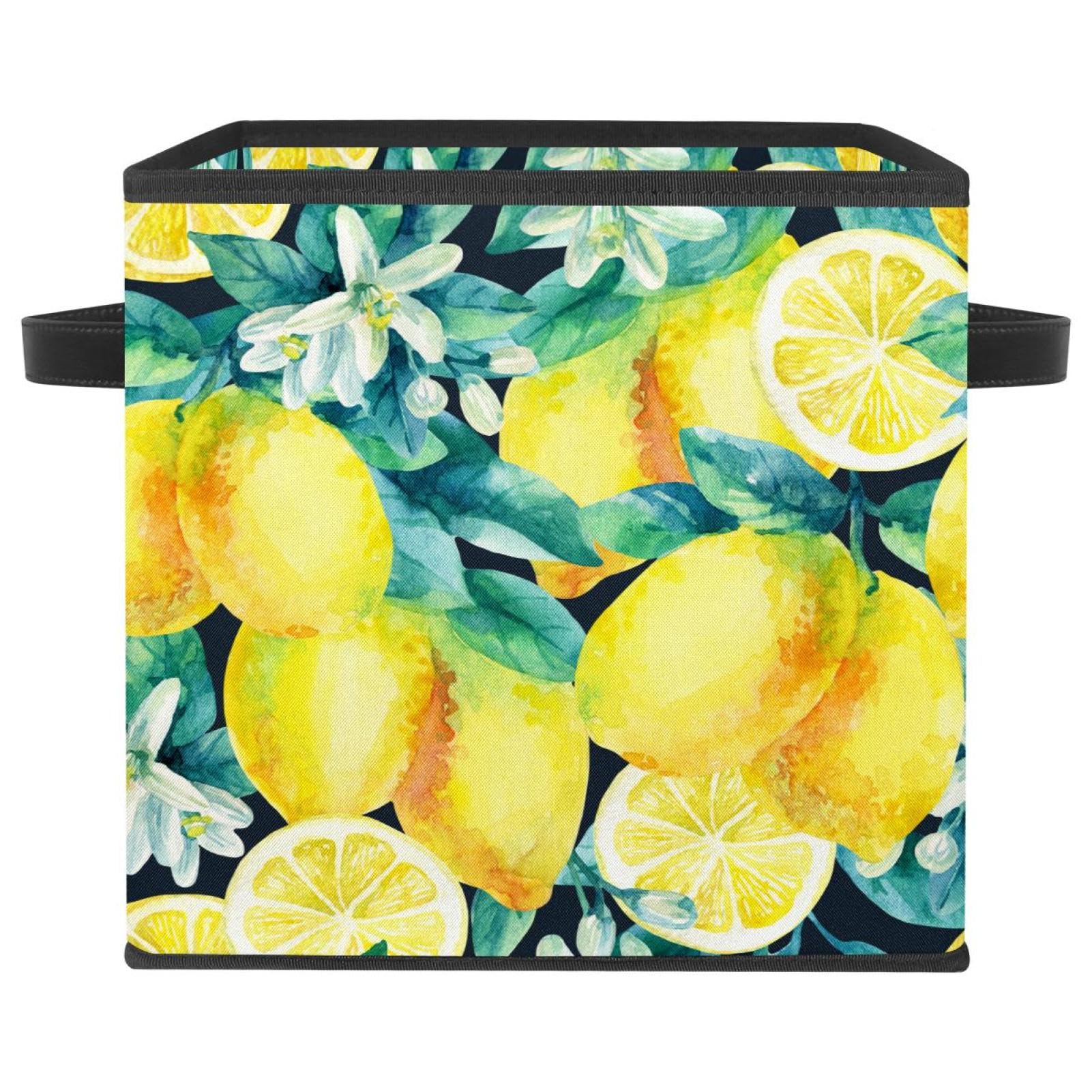 Boîte de rangement pliable en tissu jaune motif citron pour placard et chambre