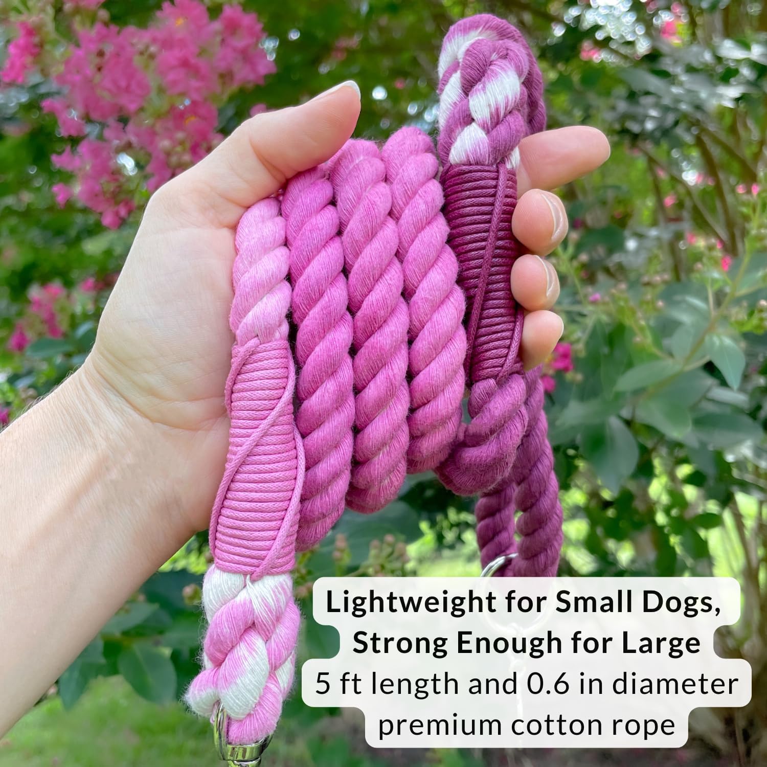 DJANGO Cotton Rope Dog Leash 5ft – Handcrafted Dog Leash and Purple Ombre Braided Leash for Small, Medium, and Large Dogs – Durable 5 Foot Training Lead with Silver Hardware – Raspberry Purple