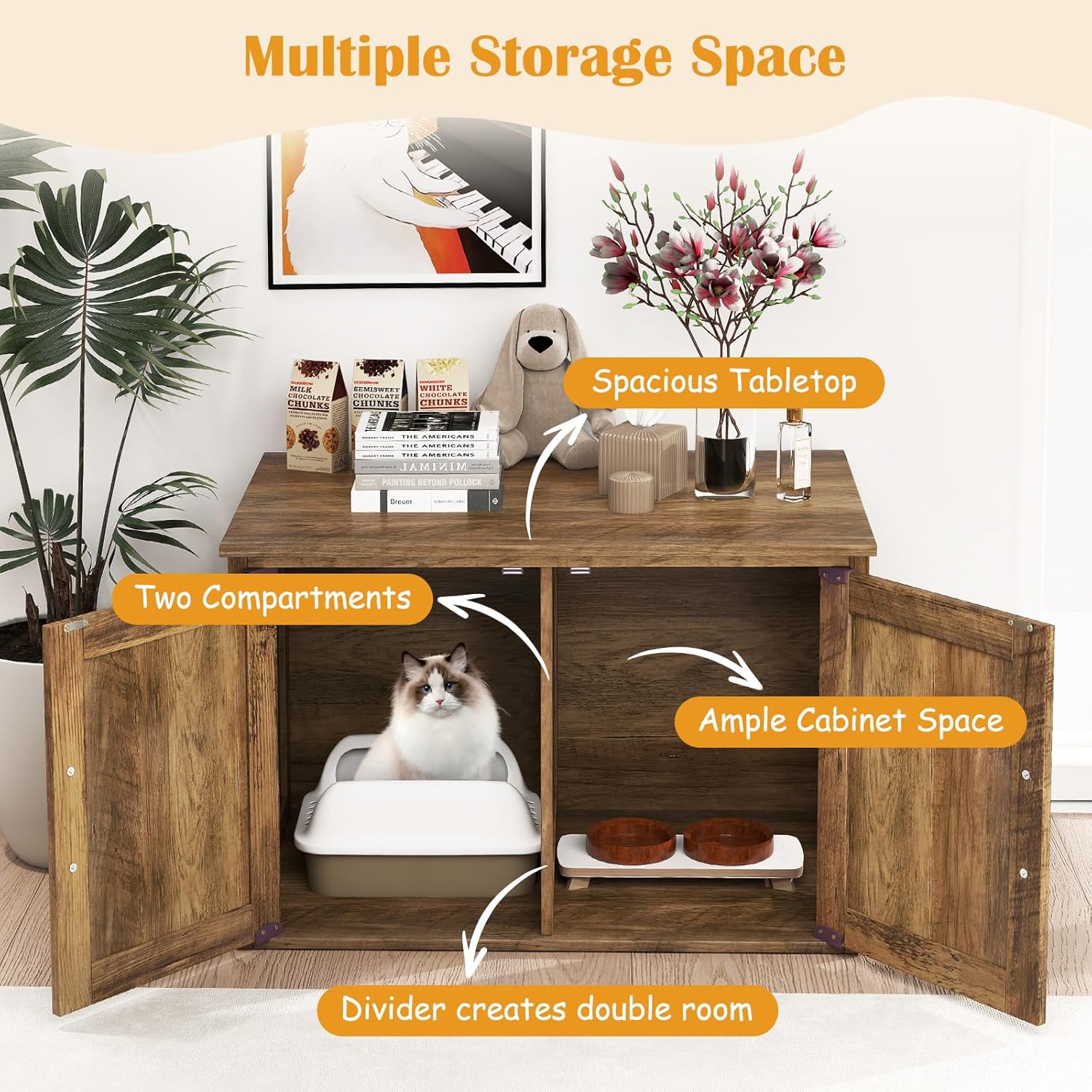 PETSITE Cat Litter Box Enclosure, Farmhouse Litterbox Enclosure Furniture with Double Doors and Openable Top, Wooden Cat Hidden Litter Box Bench End Side Table, Litter Box Cabinet