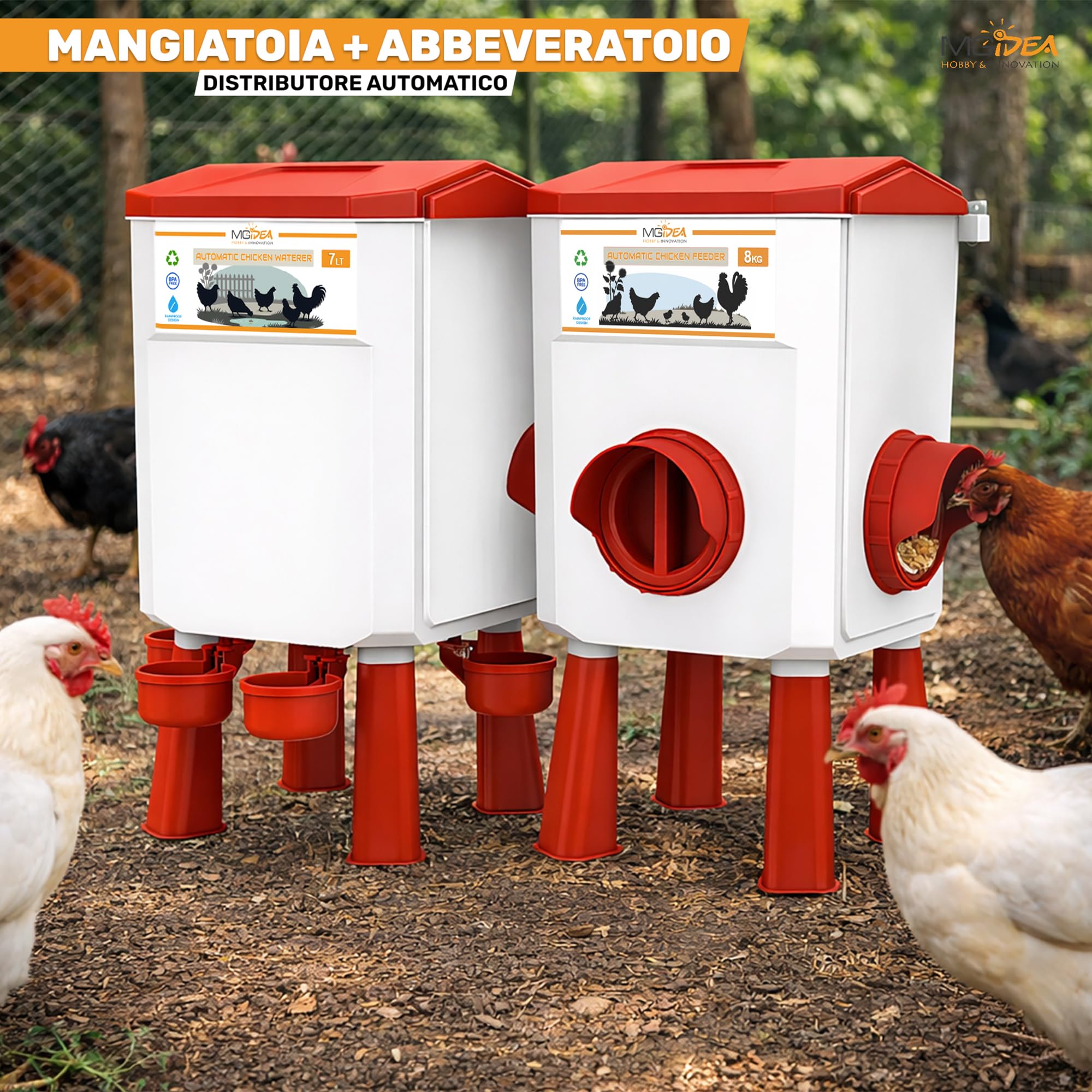 KIT MANGIATOIA ABBEVERATOIO GALLINE DISPENSER AUTOMATICO SISTEMA DISTRIBUTORE ACQUA MANGIME POLLAIO REGOLABILE GIARDINO PULCINI (8 Kg + 7 Lt)