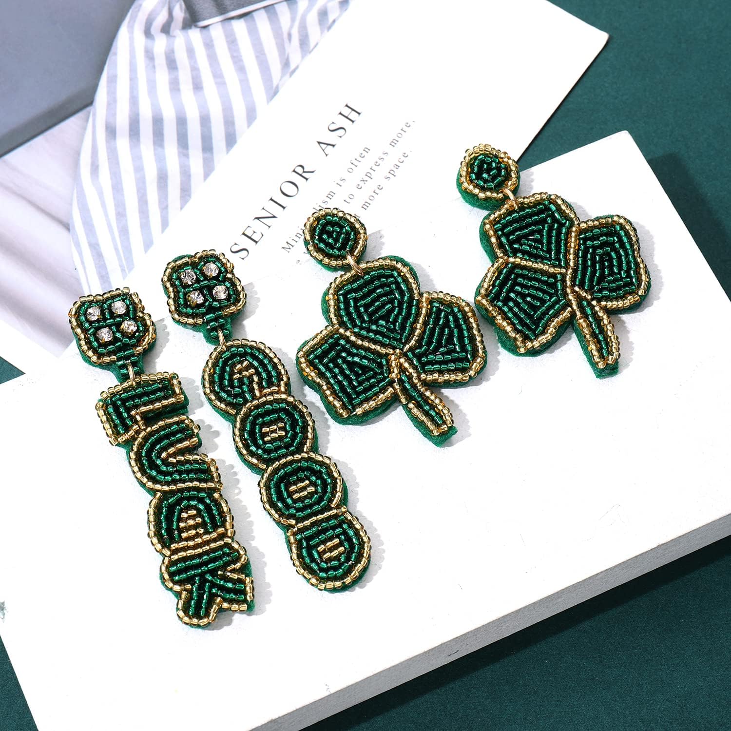 NLCAC 2 Pairs St Patricks Day Earrings Green Beaded Shamrock Earrings Handmade Good Luck Clover Dangle Earrings Funny Irish Holiday Party Jewelry Gifts - Image 3