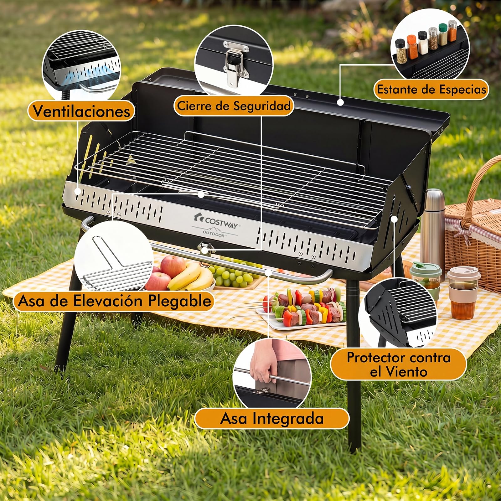 COSTWAY Barbacoa Carbón XL Plegable, Patas Desmontables, 81 x 47 x 85 cm | Rejilla Regulable en Altura de 2 Niveles, Bolsa de Transporte y Asa, Portátil para BBQ Jardín Picnic Playa Terraza