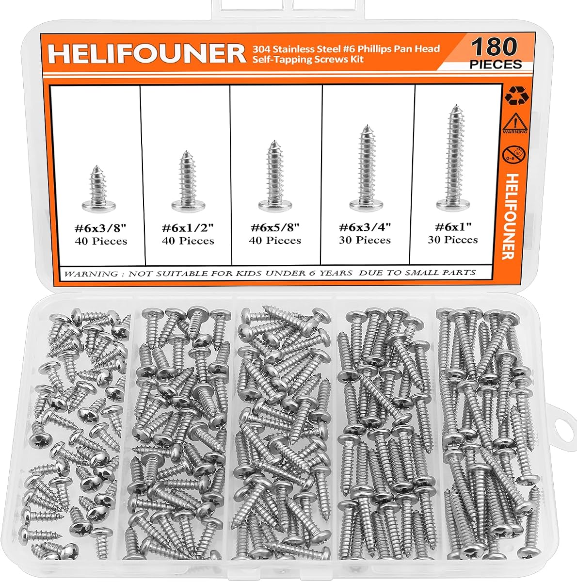#6 x 3/8" 1/2" 5/8" 3/4" 1" Wood Screws Set, HELIFOUNER 180 Pieces Phillips Pan Head Self-Tapping Screws Assortment Kit, Phillips Pan Head Wood Screws, 304 Stainless Steel