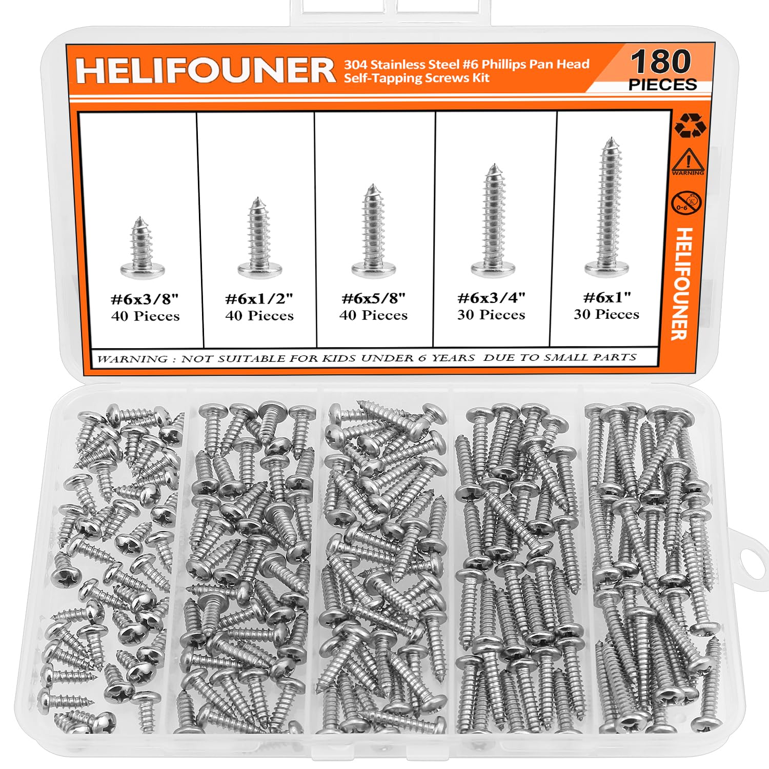 #6 x 3/8" 1/2" 5/8" 3/4" 1" Wood Screws Set, HELIFOUNER 180 Pieces Phillips Pan Head Self-Tapping Screws Assortment Kit, Phillips Pan Head Wood Screws