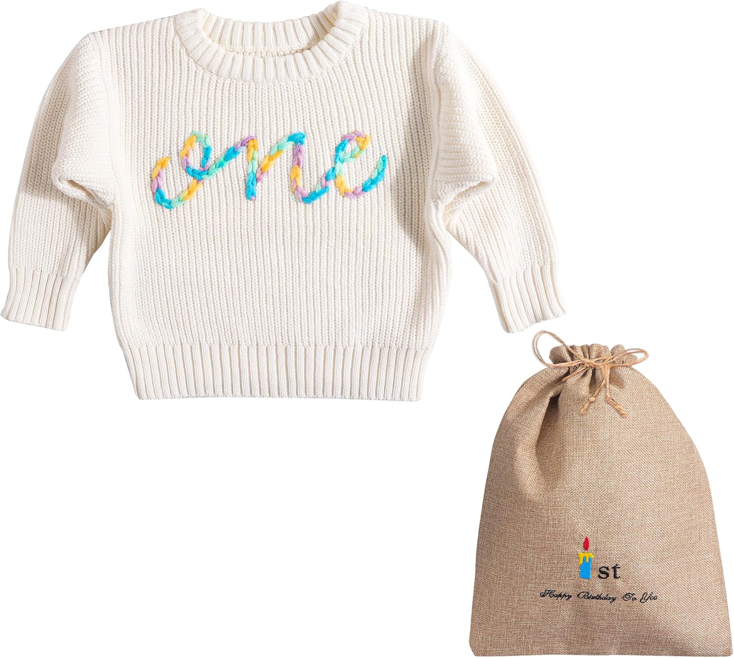 1st First Birthday Outfit Girl Boy One Sweater Embroidery Knit Pullover Fall Winter Clothes with Baby Gift Bag