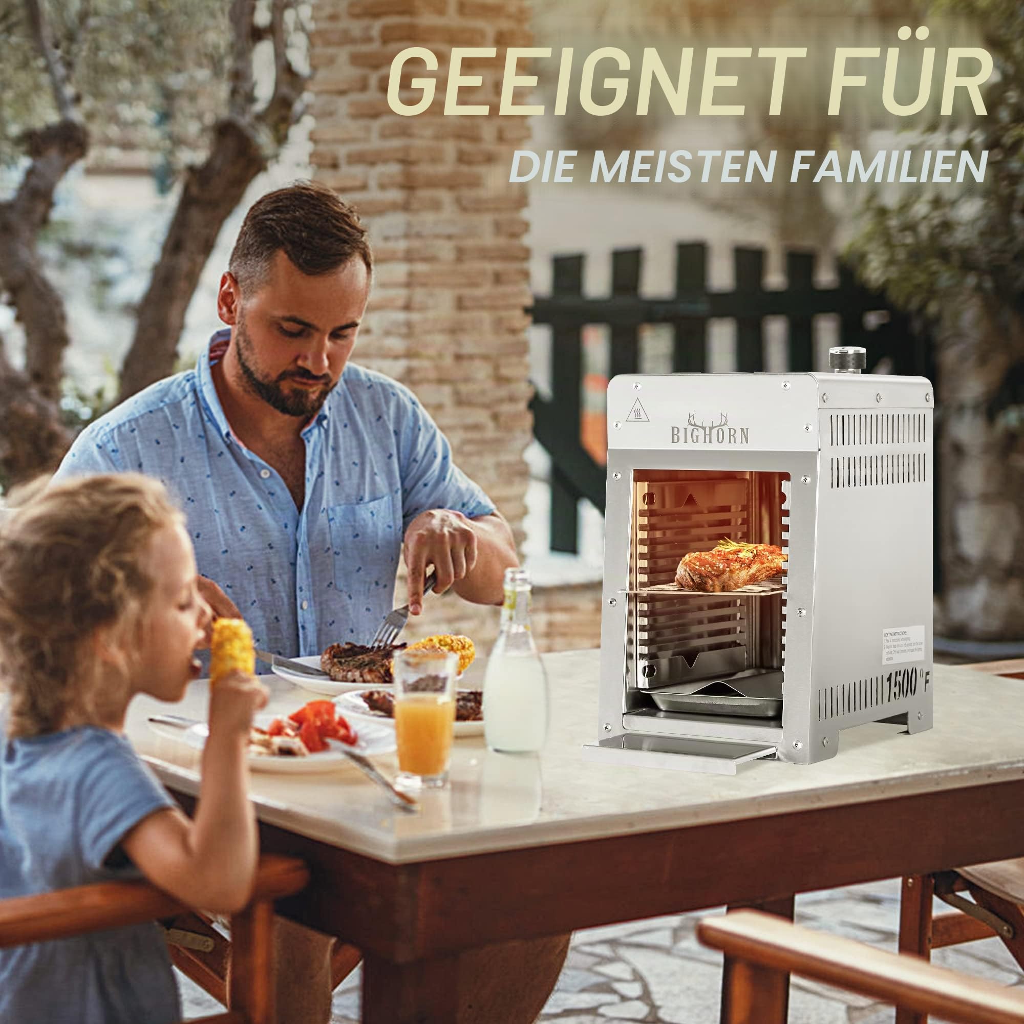 BIG HORN OUTDOORS Tragbarer Infrarot-Broiler Propangasgrill, 1500 Grad Edelstahl Tischplatte Schnellkochen Steak Grill für Fleisch, Meeresfrüchte, Gemüse
