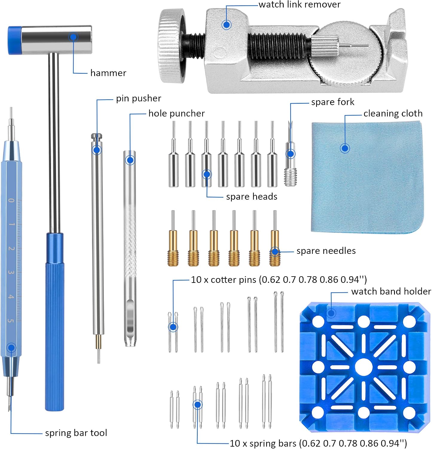 Watch Link Removal Kit, Watch Repair Strap Pin Remover Set for Resizing Adjuster, Spring Bar Tool, Small Hammer, Watch Band Holder, Punch Pins