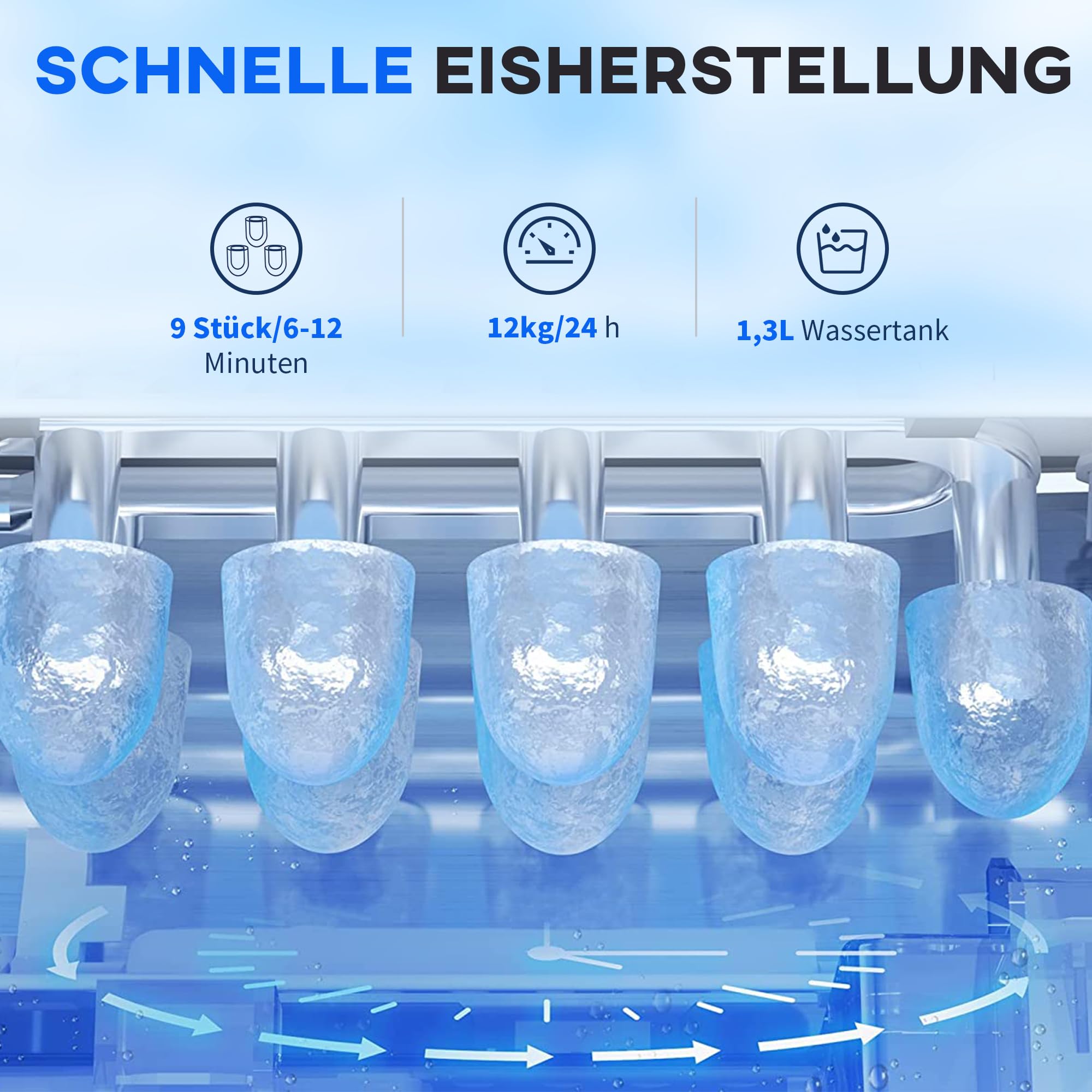 HOMCOM Eiswürfelmaschine, 12 kg/24h, 9 Eiswürfel in 6-12 Minuten, Selbstreinigender Eiswürfelbereiter mit Griff, Eisschaufel und Korb Ice Maker für Küche, RV, Camping