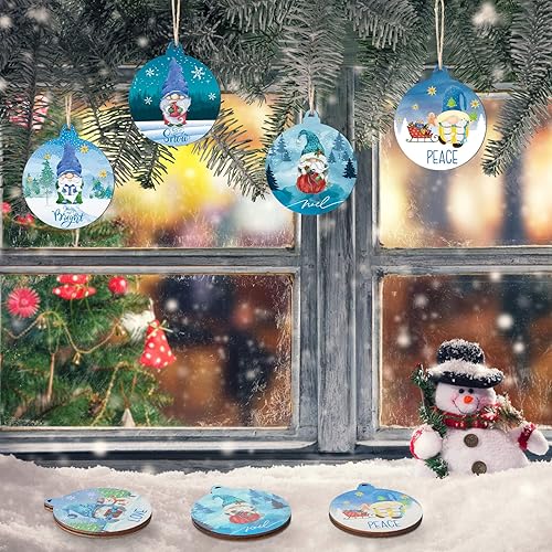 Miniatura 6 de Roowest 36 adornos colgantes de madera de gnomo de Navidad, decoración de árbol de gnomo azul, juego de adornos de madera con temática de gnomo,