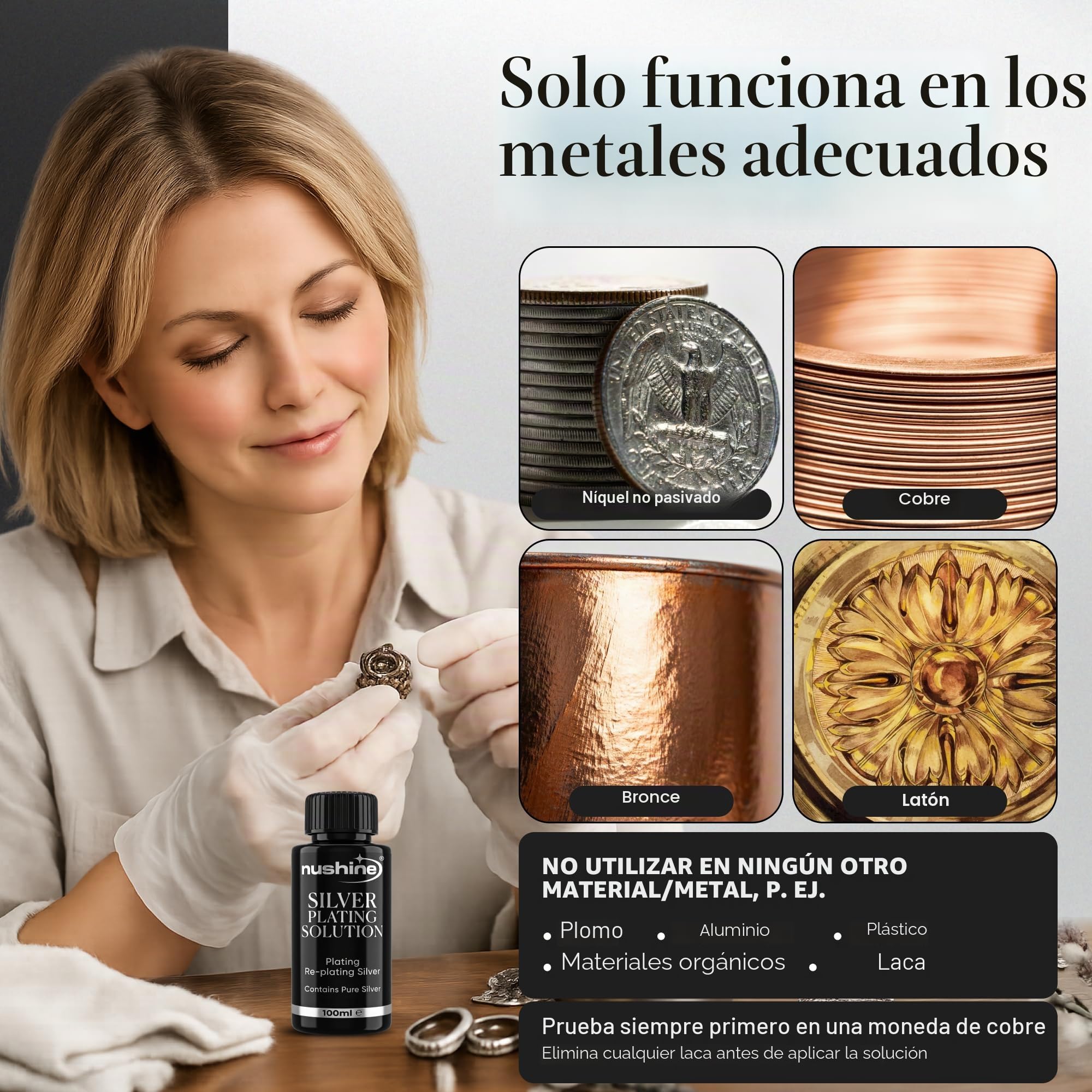 Nushine Solución para Chapado en Plata, latón, Cobre y Bronce (fórmula ecológica), 50 ml