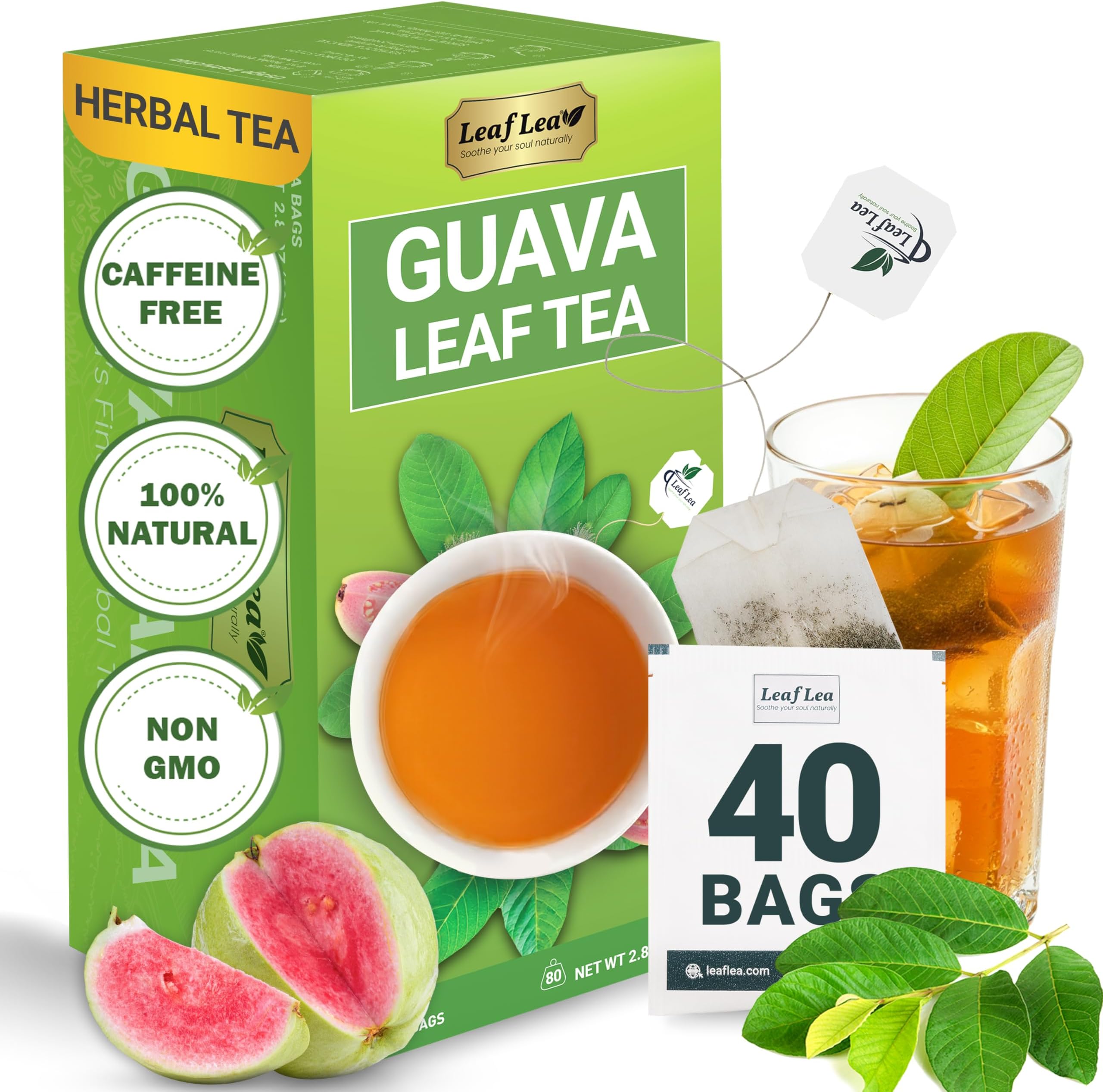 LeafLea Guava Leaf Tea, 40 Individually Wrapped Tea Bags, Made from 100% Natural Guava Leaves (Hojas De Guayaba), Supports Digestion & Wellness, Caffeine-Free, Sugar-Free, Vegan, Non-GMO