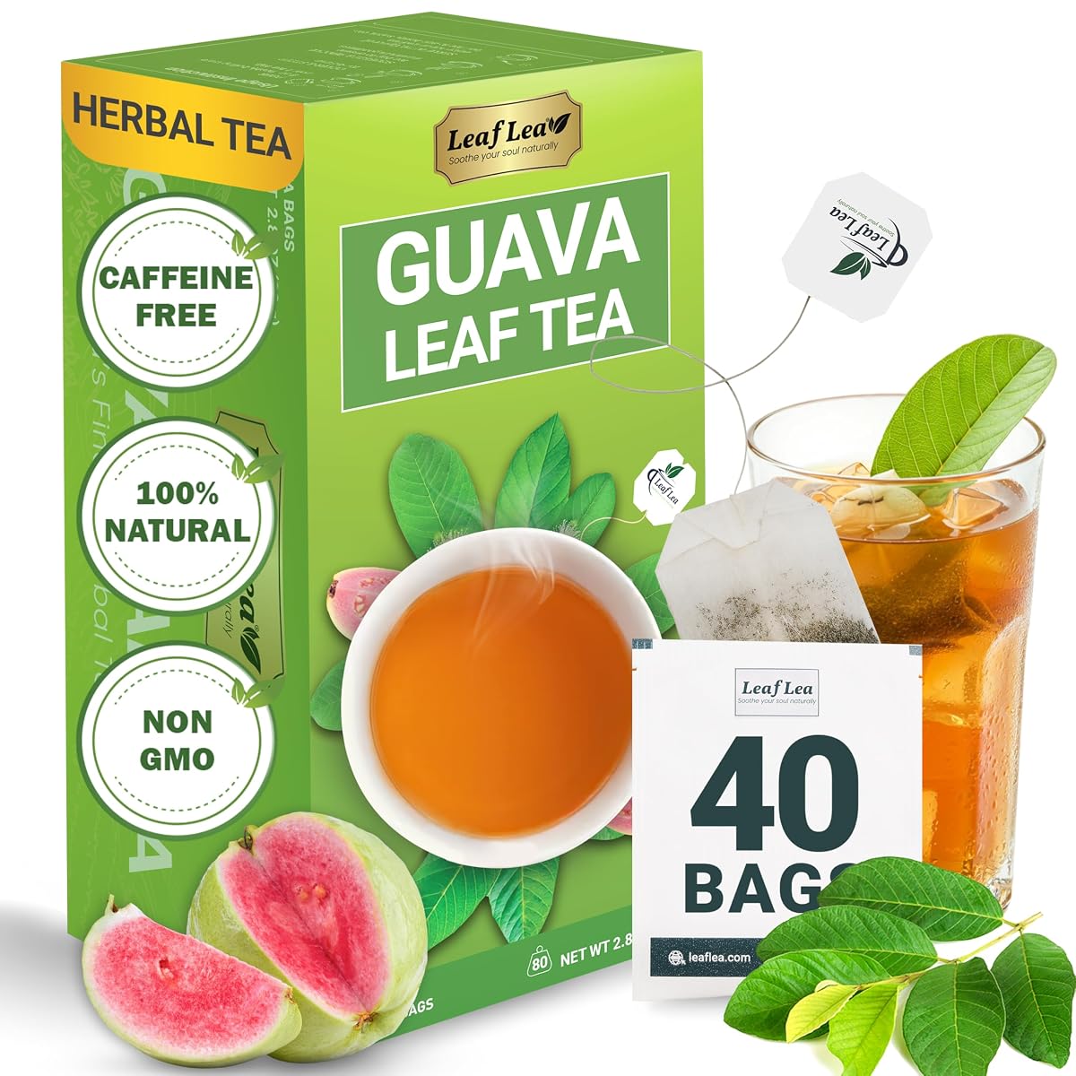 LeafLea Guava Leaf Tea - 40 Caffeine-Free Tea Bags, Vegan