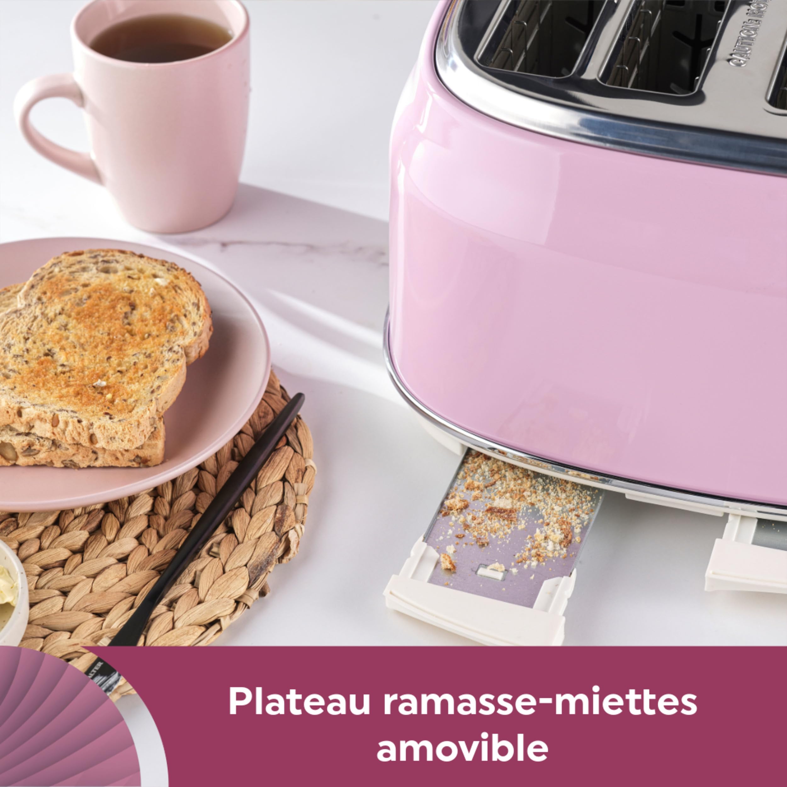 Salter Grille-Pain Rétro 4 Tranches – Fentes Larges, 6 Niveaux de Brunissage, Fonctions Décongélation, Réchauffage, Annulation, Ramasse-Miettes Amovible, Auto-centrage, 1630W, Rose, EK5739PNKVDE