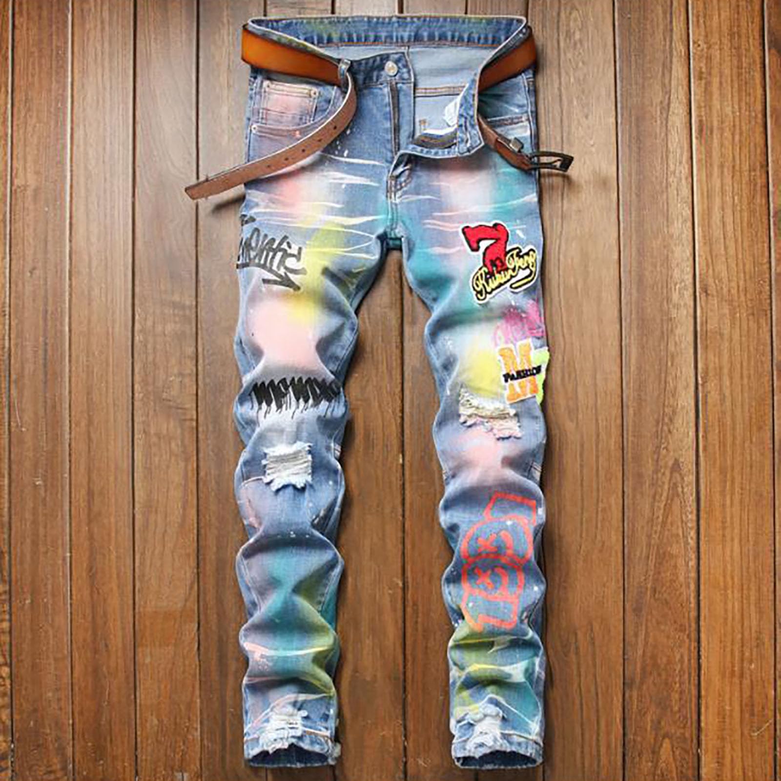 Genérico Vaqueros Hombre Pantalones Hombre Pantalones Vaqueros Hombre para el día a día Desgastados con Rotos Impresos Diseño Patchwork Estilo Callejero Urbano