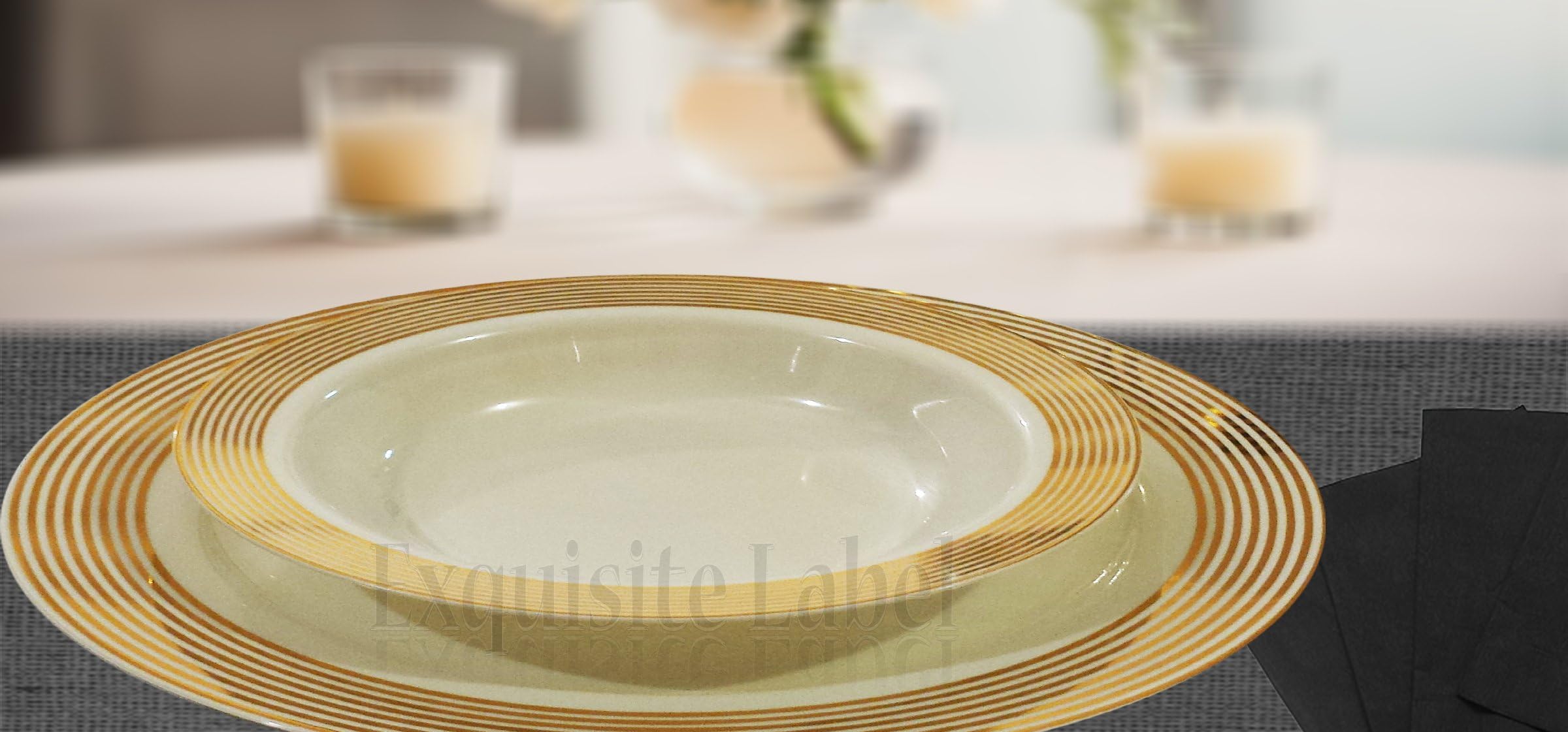 "Exquisite Label" Cream with Gold Heavyweight Plastic Elegant Disposable Plates, Wedding Party Elegant Dinnerware, Striped Collection (40, 7" Dessert Salad Plates)