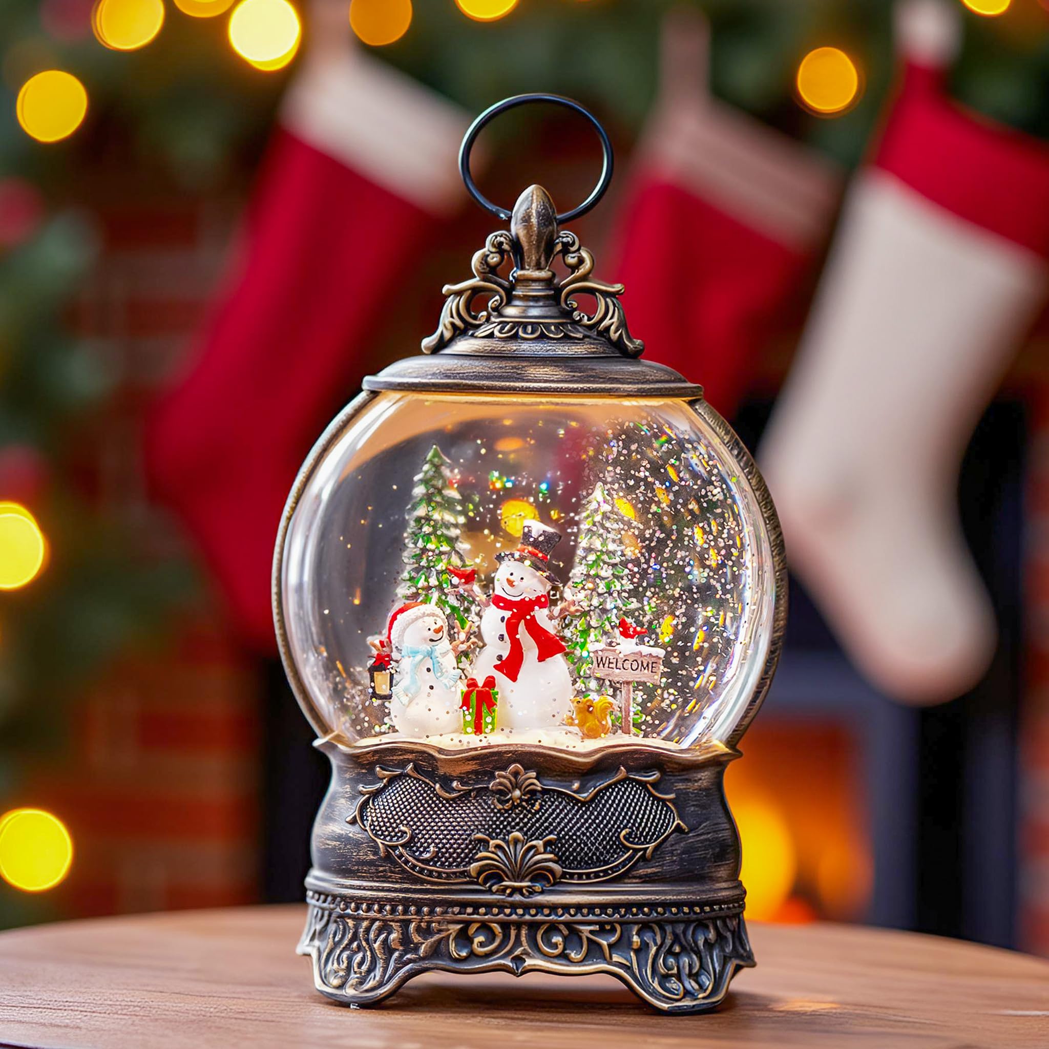 Snow Globe Lights Welcome Snowman Scene Tree Scene Music Box, USB and Battery Powered Christmas Decorations Presents.