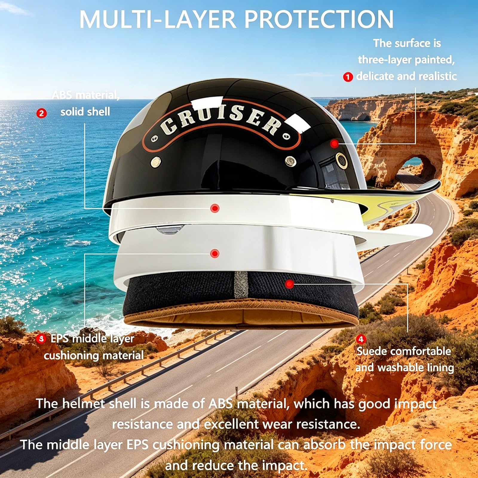Heritage Kask Baseball ECE 22.06 Homologacja Półkask Retro Skuter Chopper | Półkask Czapka z Daszkiem ECE Homologacja, Skorupa ABS Lekka, Blenda + Maska Czaszka Gratis