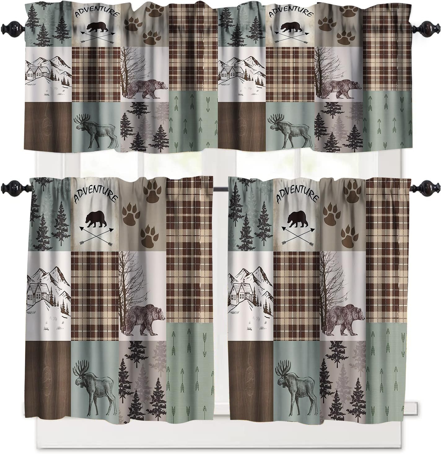 Retro Cabin Kitchen Curtain Tiers and Valance Curtain Sets Vintage Cottages Animal Deer Moose Bear Country Decorative Cafe Curtains Set for Kitchen Living Room Bathroom 52x18 & 27x24x2, 3 Panel