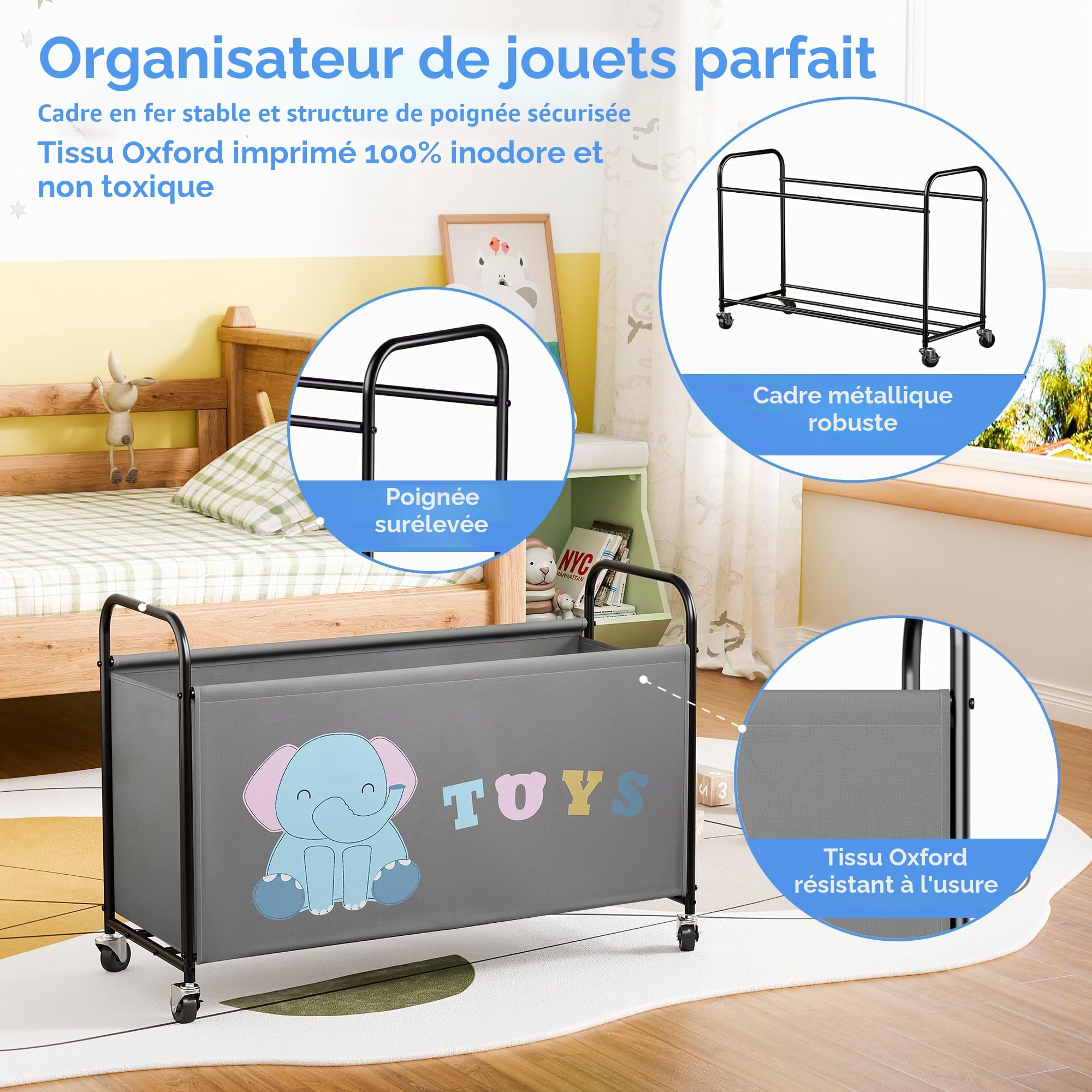GRANNY SAYS Coffre à jouets à roulettes, 135L organisateur de rangement extra large, coffre à jouets pour chambre d'enfant organisant les peluches, toy storage organiser, Gris
