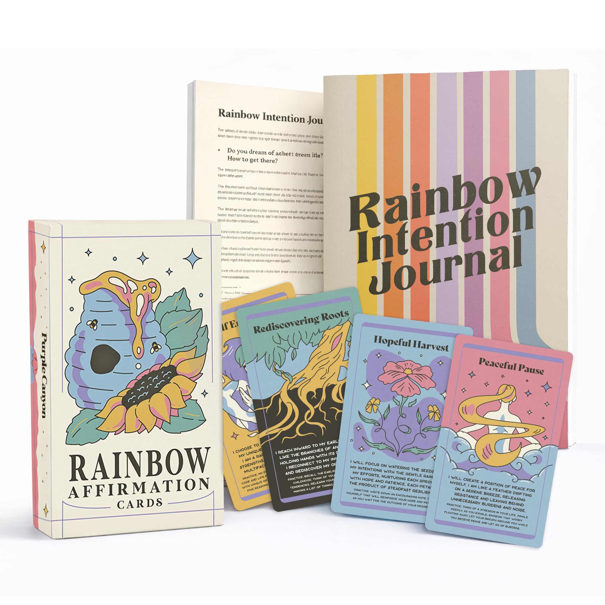 PURPLE CANYON Intention Journal & Rainbow Affirmation Deck - Diario di gratitudine guidato di 52 settimane con meditazioni, impostazione degli obiettivi e carte di consapevolezza quotidiana