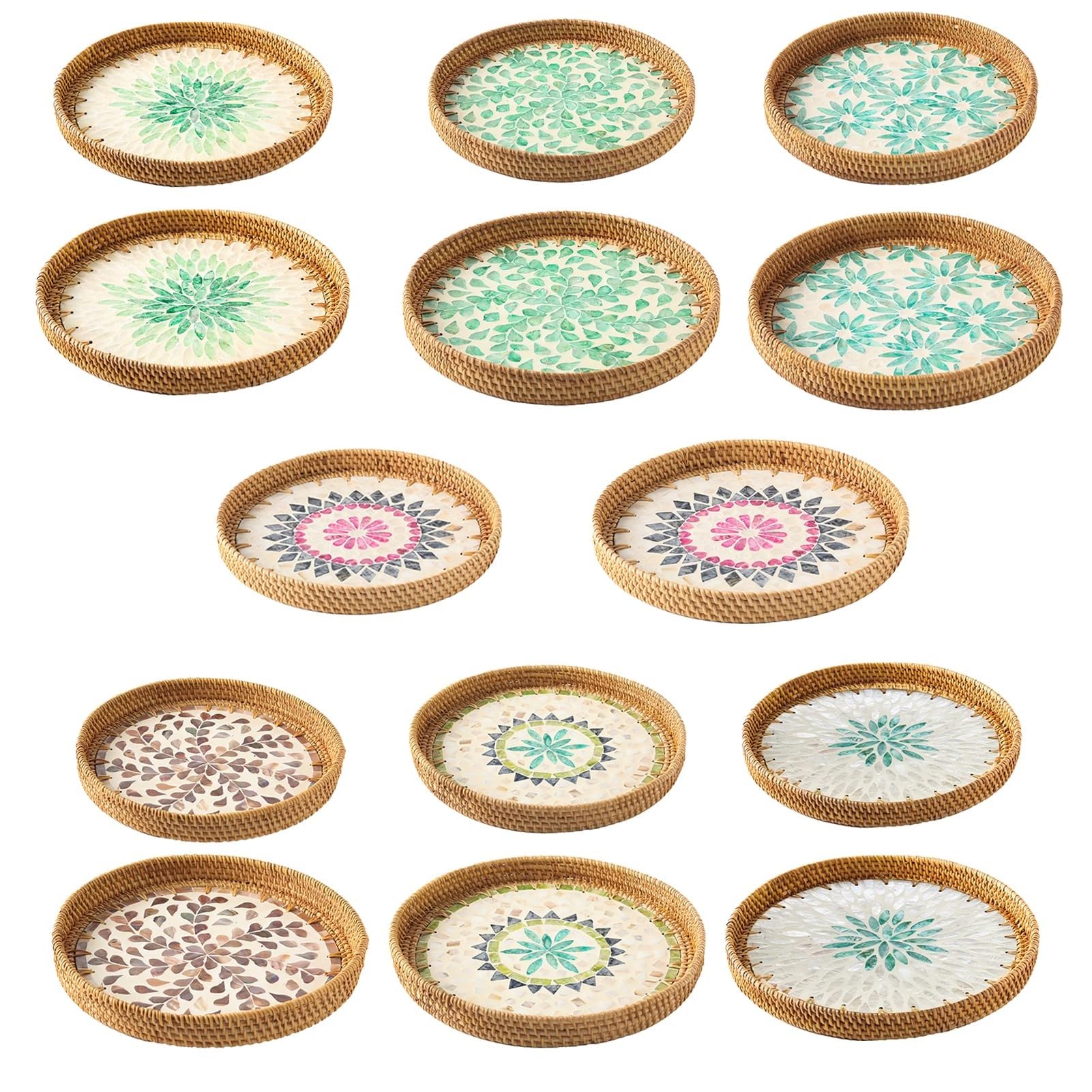2 Bandejas Redondas De Ratán Con Incrustaciones De Nácar, Bandeja De Ratán For Servir, Cesta De Mimbre Decorativa For Decoración De Mesas, Almacenamiento Y Exhibición De Café, Pan, Alimentos Y Frutas(