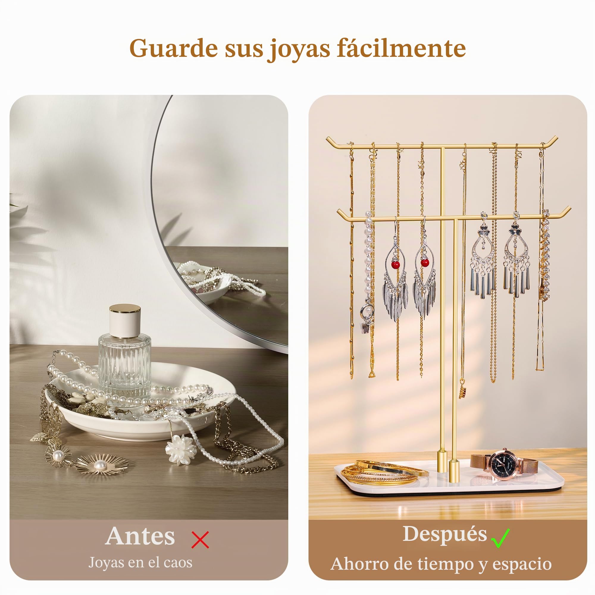 Josmimic Soporte para joyas, bandeja para joyas, organizador de joyas para collares, pulseras, pendientes, anillos, idea de regalo, dorado