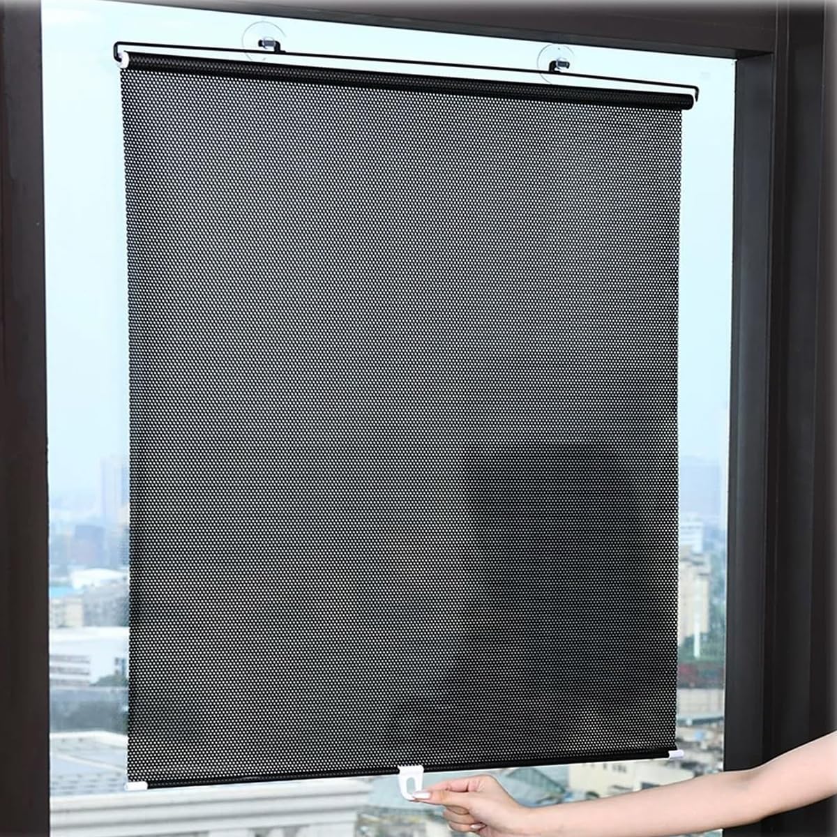 No Drilling Retractable Roller Window Shades, Blackout Blind Curtains with Suction Cups, Temporary Portable Roller Shades for Home,Office,Bedroom,Door,Blackout(Black polka dots,60x200cm)
