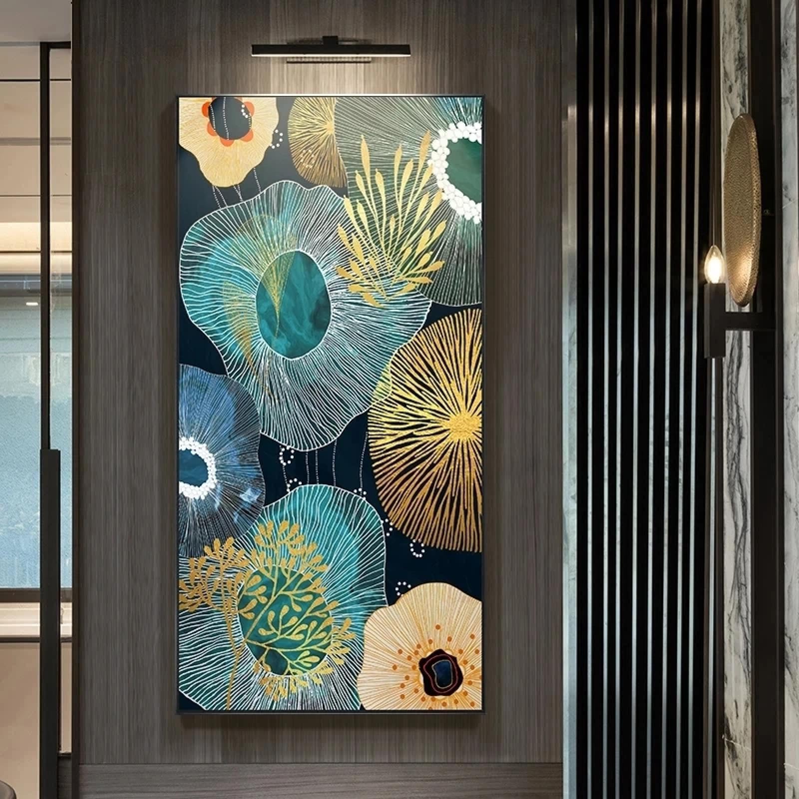 JGGXHM Nuevos anillos anuales dorados chinos pintura en lienzo flores verdes carteles e impresiones artísticos de pared para la decoración del hogar- (65x130cm) marco interno de 26x51 pulgadas