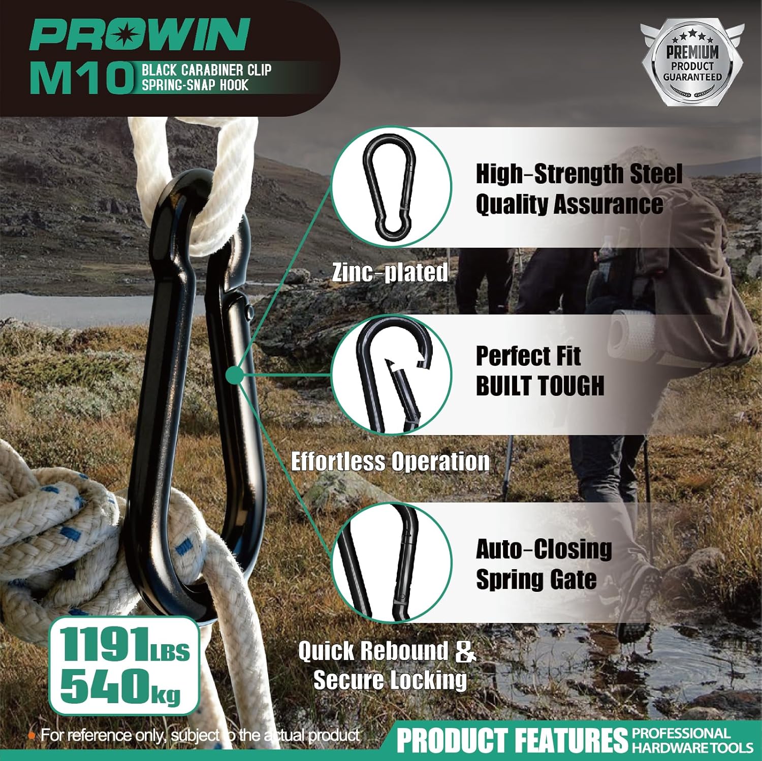 Prowin 4pcs M10 Heavy Duty Carabiner Clips, 1191 lbs Capacity Spring Snap Hook, 4 Inch Galvanized Steel Quick Link for Hiking, Camping, Hammock, Swing, Outdoor Gear