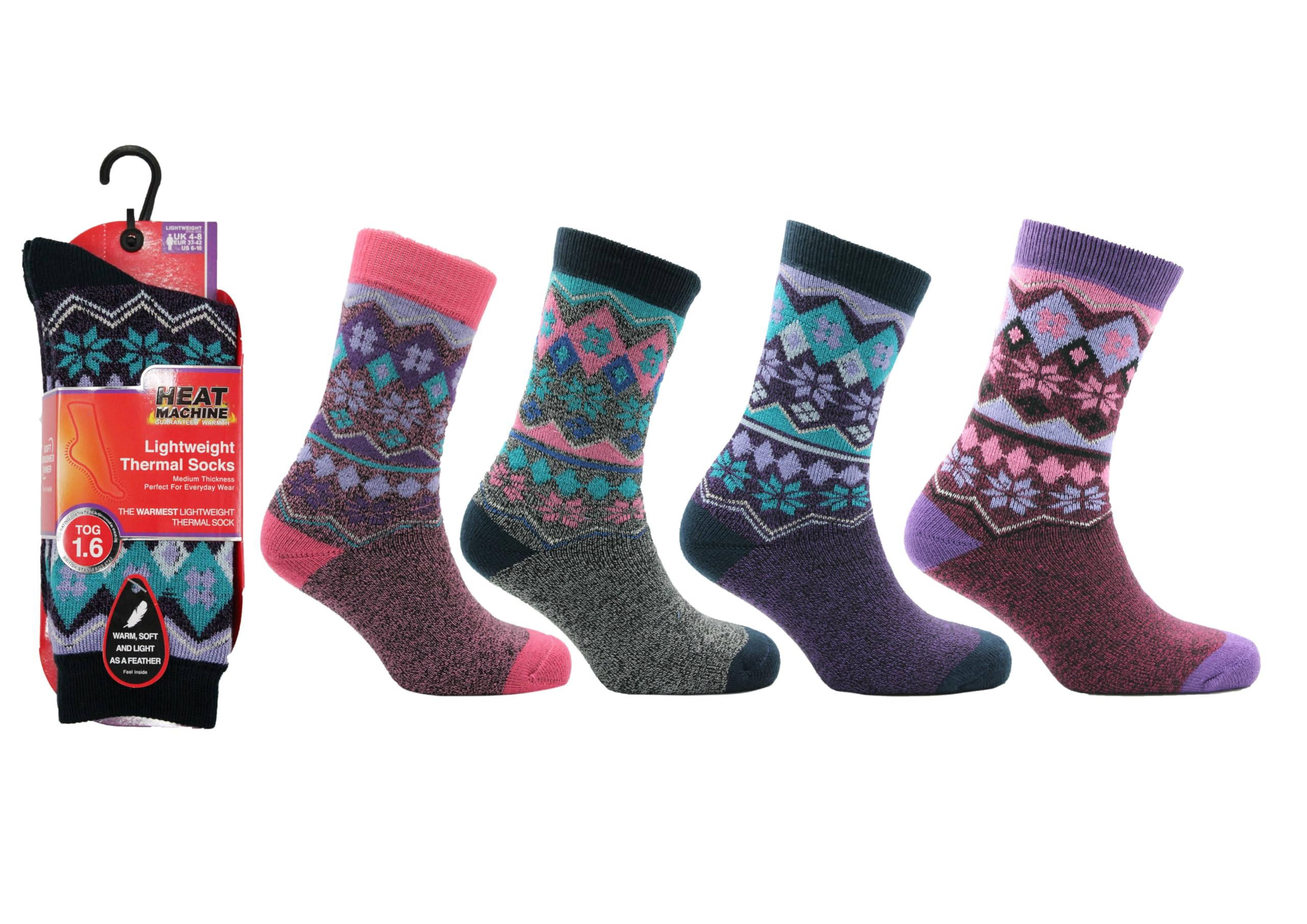 Heat Machine Women's Fairisle Thermal Lite Socks 3 Pairs | 1.6 Tog Warm Winter Thermal Socks For | Lightweight, Soft & Cosy Everyday Boot Socks (Uk, Numeric, 4, 8, Regular, Regular, )