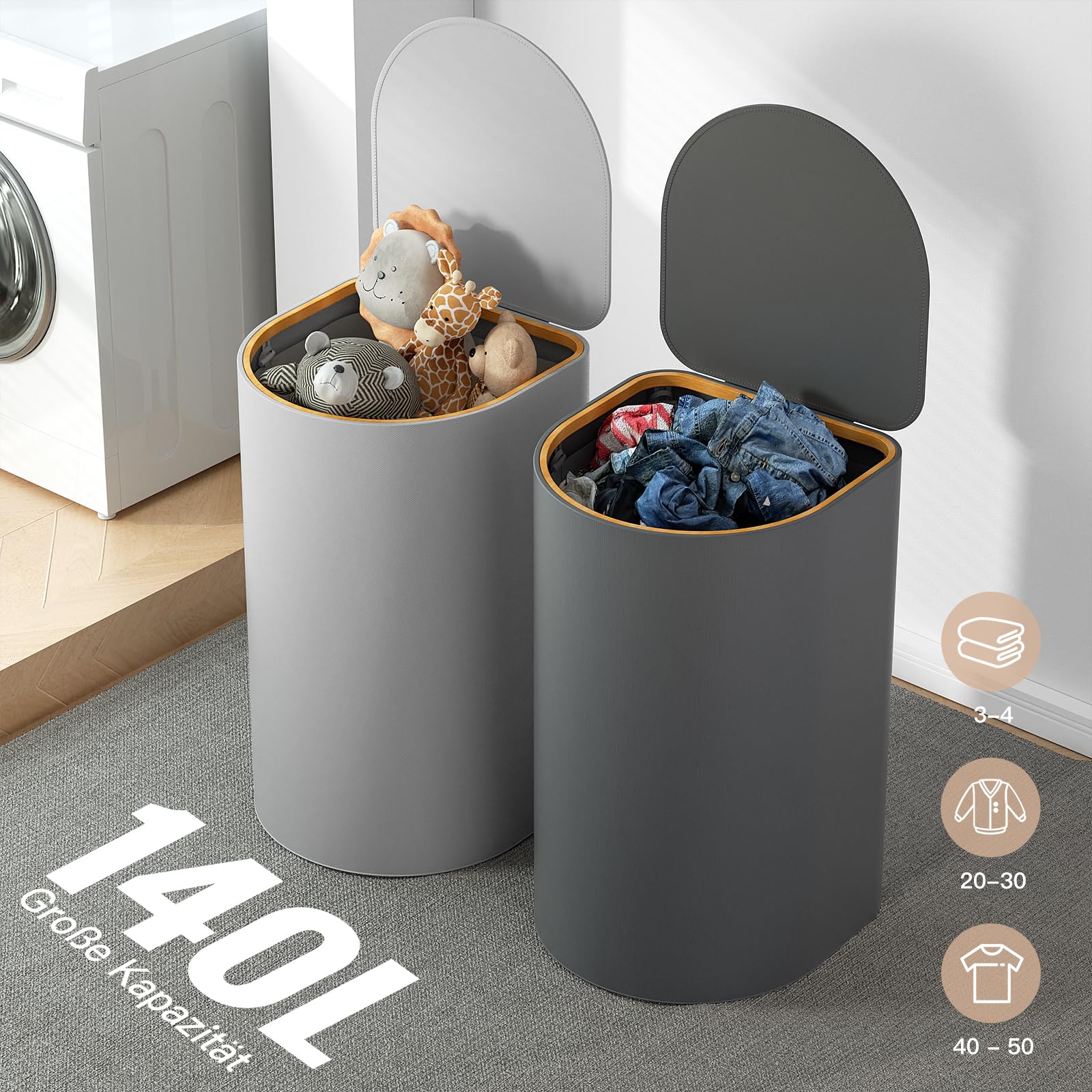2er Pack Wäschekorb mit Deckel 140L Groß Kapazität - Wäschesammler mit 2 Fächer zum Sortieren der Schmutzwäsche, 4 Abnehmbar Innensäcke, Faltbare Laundry Baskets und Einfach zu Montieren