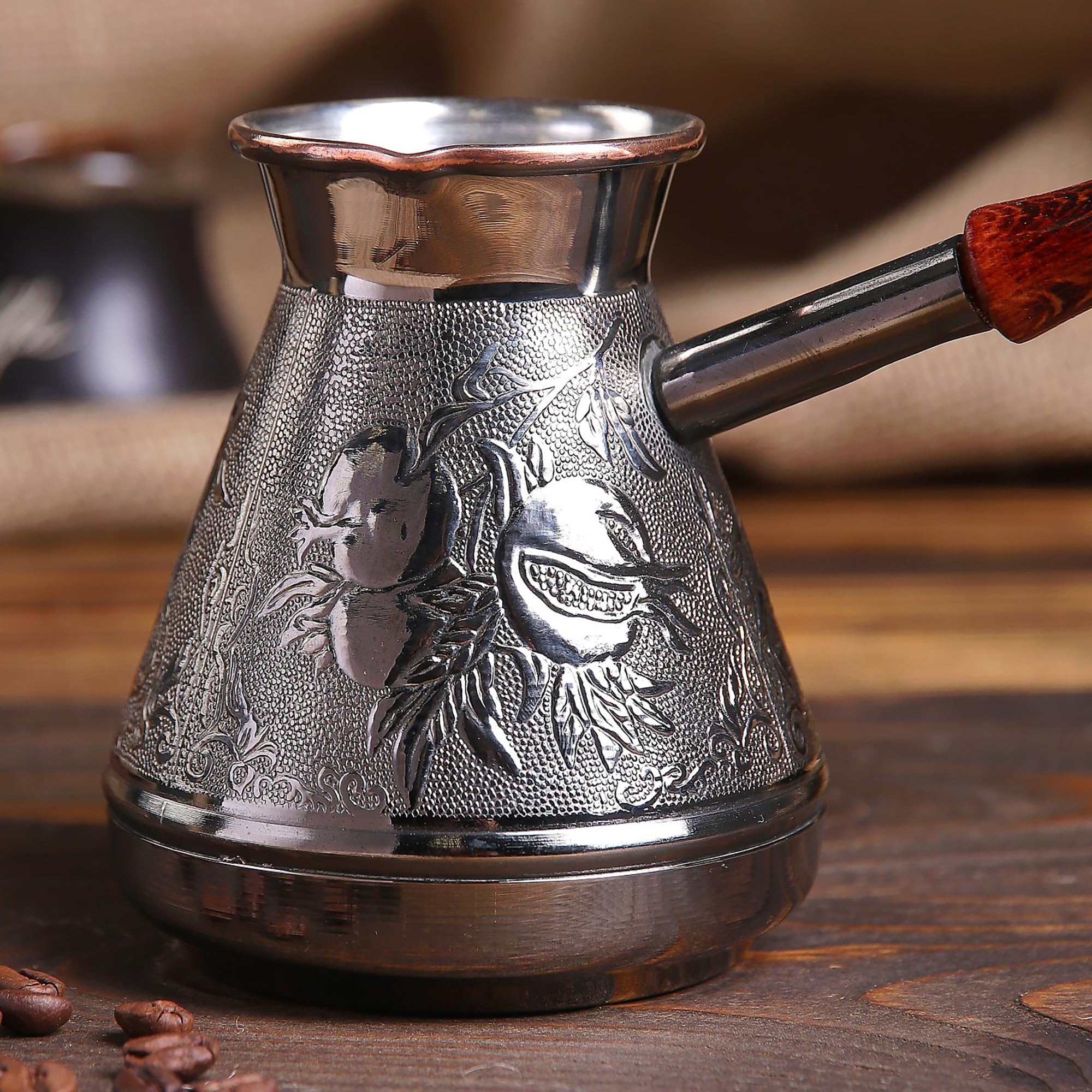 Cezve 14oz / 400ml Turkish Armenian Arabic Greek Copper Ibrik Jazva Turka Coffee Maker Stovetop Coffee Pot Wooden Handle Vintage Engraved Design
