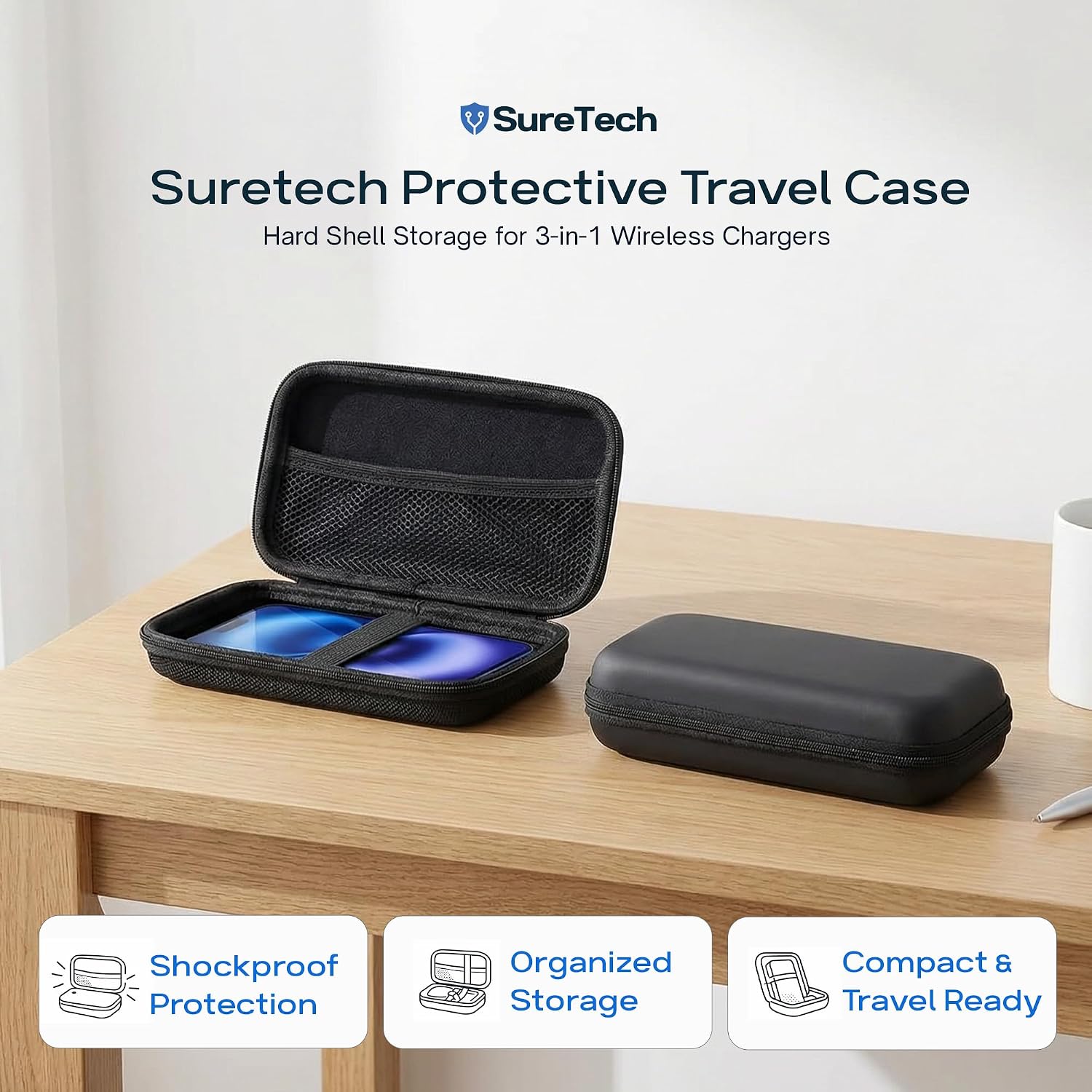 Protective Travel Case with Mesh Pocket and Elastic Band, Hard Shell Storage Organizer for Wireless Chargers, Black
