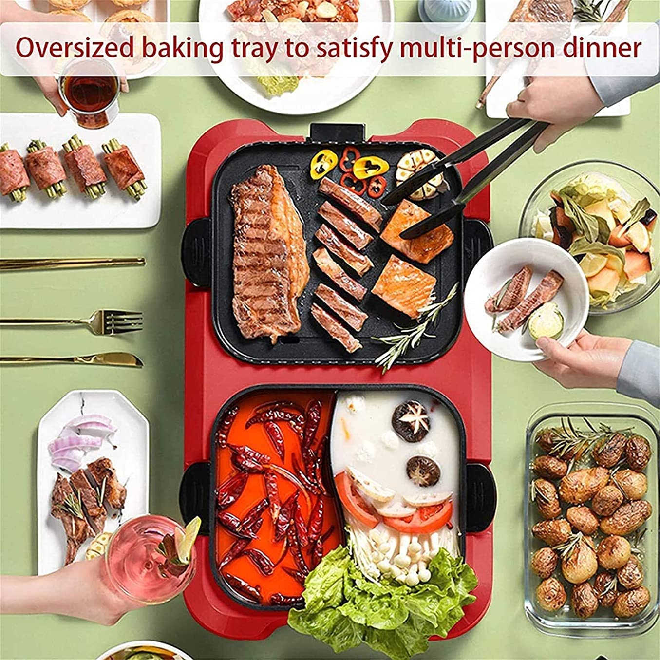 Parrilla Eléctrica Plancha de Asar Parrilla eléctrica multifunción sin Humo para Olla Caliente, Barbacoa 2 en 1, Olla para Hornear de Limpieza extraíble, Control de Temperatura Dual Separado LSDRA