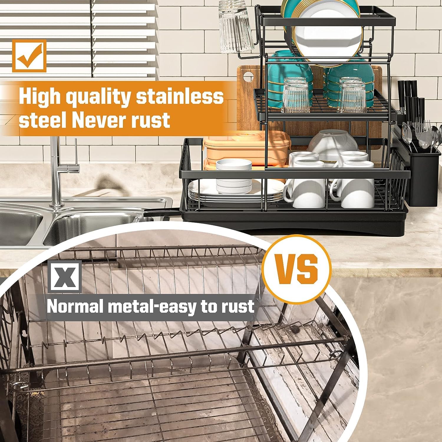 Metal Dish Drying Rack - 3 Tier with Utensil Holder -4 Metal Dish Drying Rack - 3 Tier with Utensil Holder -4