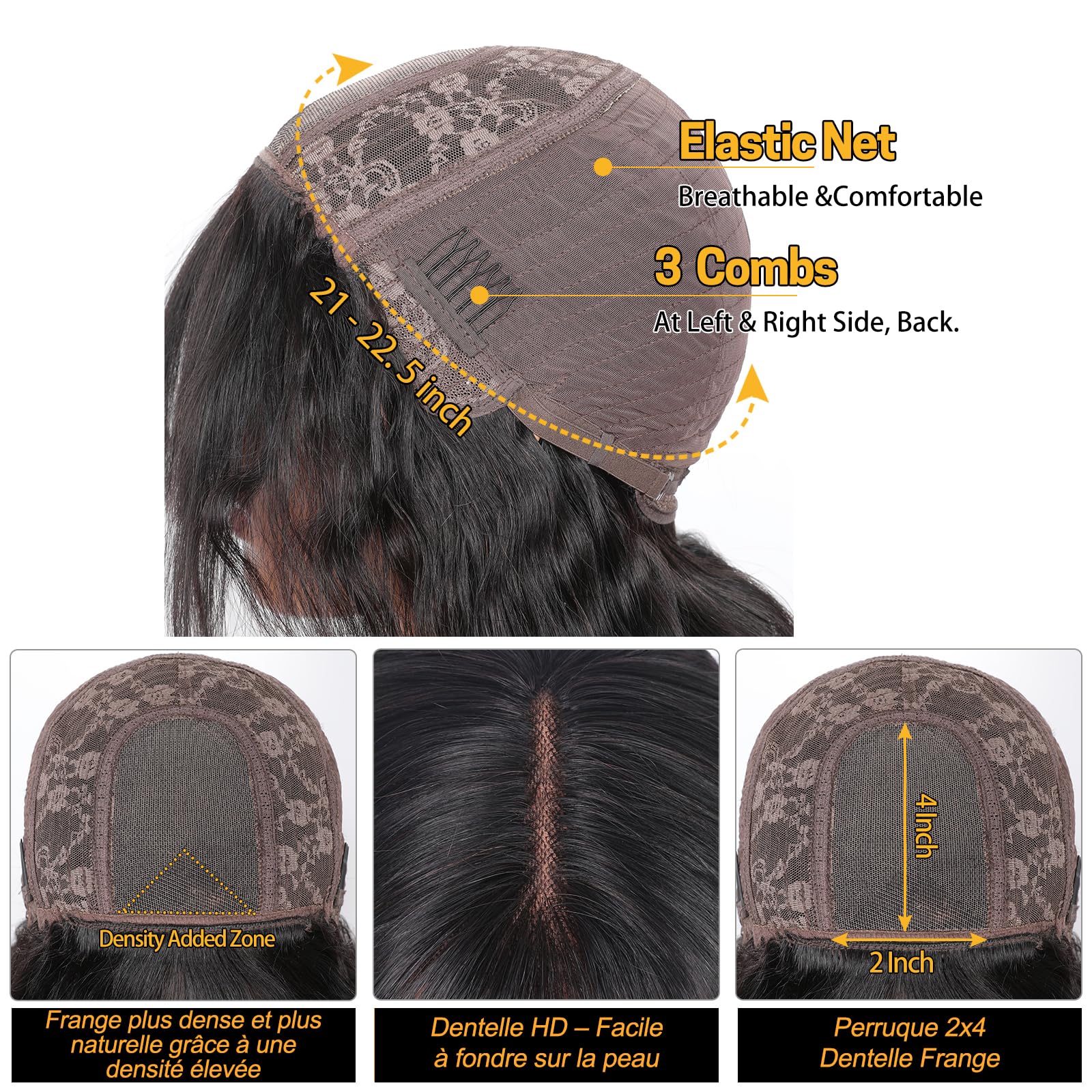 Perruque Cheveux Humain Frange 20 Pouces 2x4 Lace Glueless Body Wave Brésilien Naturelle