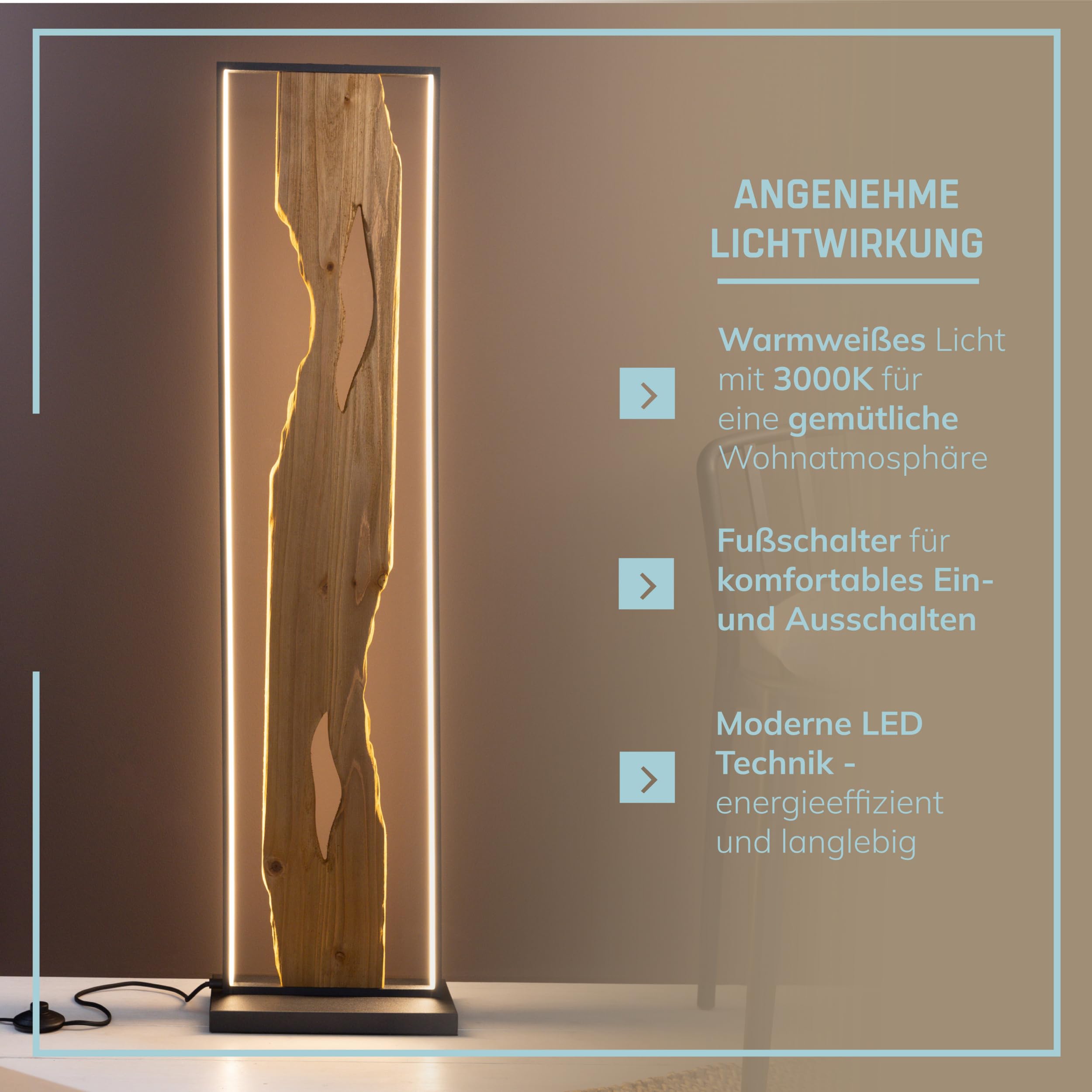 Lightbox LED Stehlampe schwarz - Stehleuchte Holz 120 cm mit Fußschalter - Standlampe Wohnzimmer warmweiß 3000K - 2300 lm inkl. LED