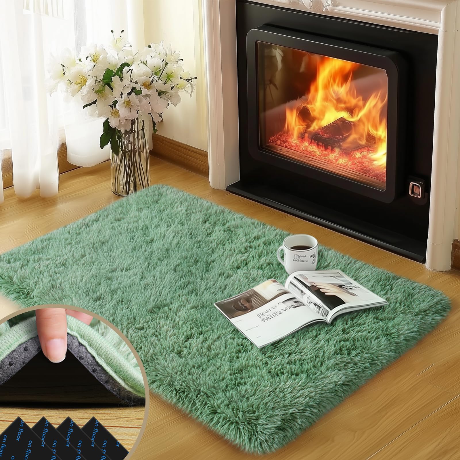 Green Rug for Bedroom, 2x3 Fluffy Area Rugs for Living Room, Small Soft Shag Fuzzy Shaggy Carpets for Kids Boys and Girls Dorm with 4 Non-Slip Rug Tapes for Room Home Decor (2ft x 3ft, Green)