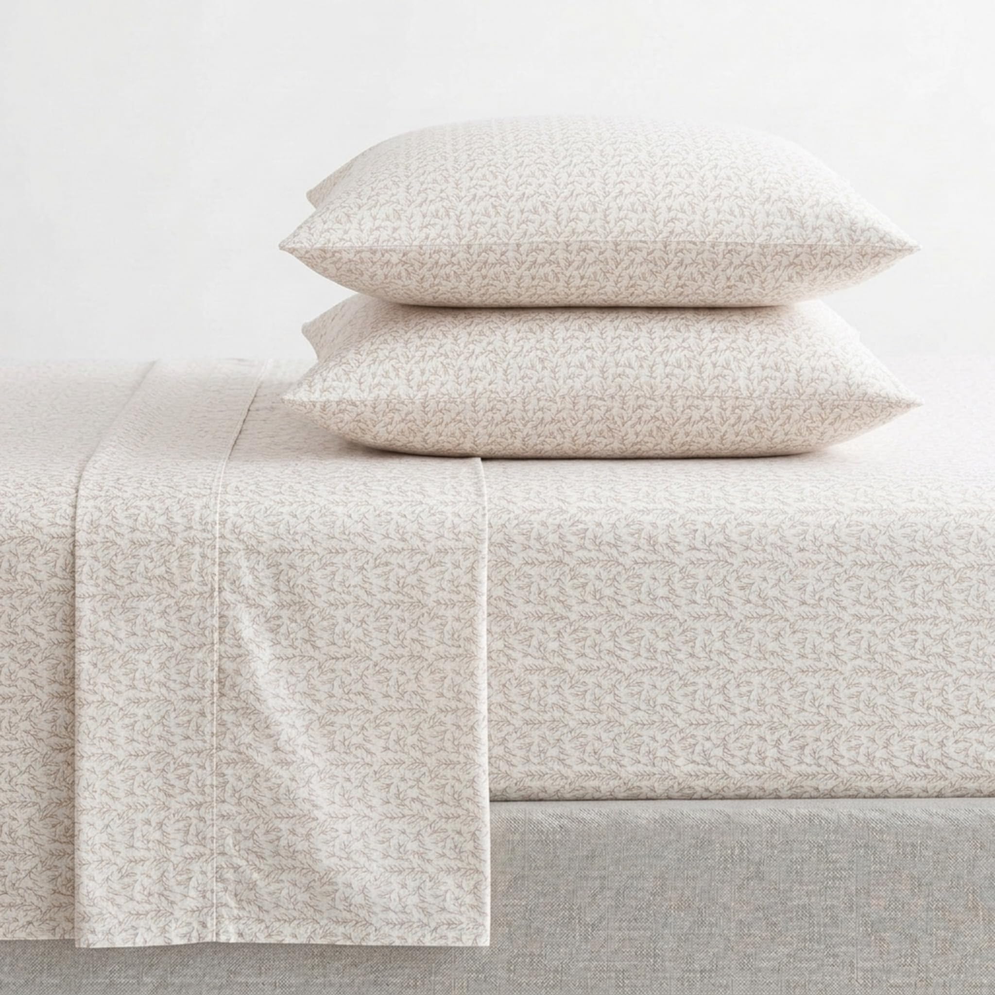 Martha Stewart - Twin Size Sheets Set, Crisp &amp; Tailored Cooling Sheets w/a Naturally Smooth Cotton Percale Lightweight Feel - Bed Sheets with Matching Pillowcase &amp; Fitted Sheet (Leaves Beige)