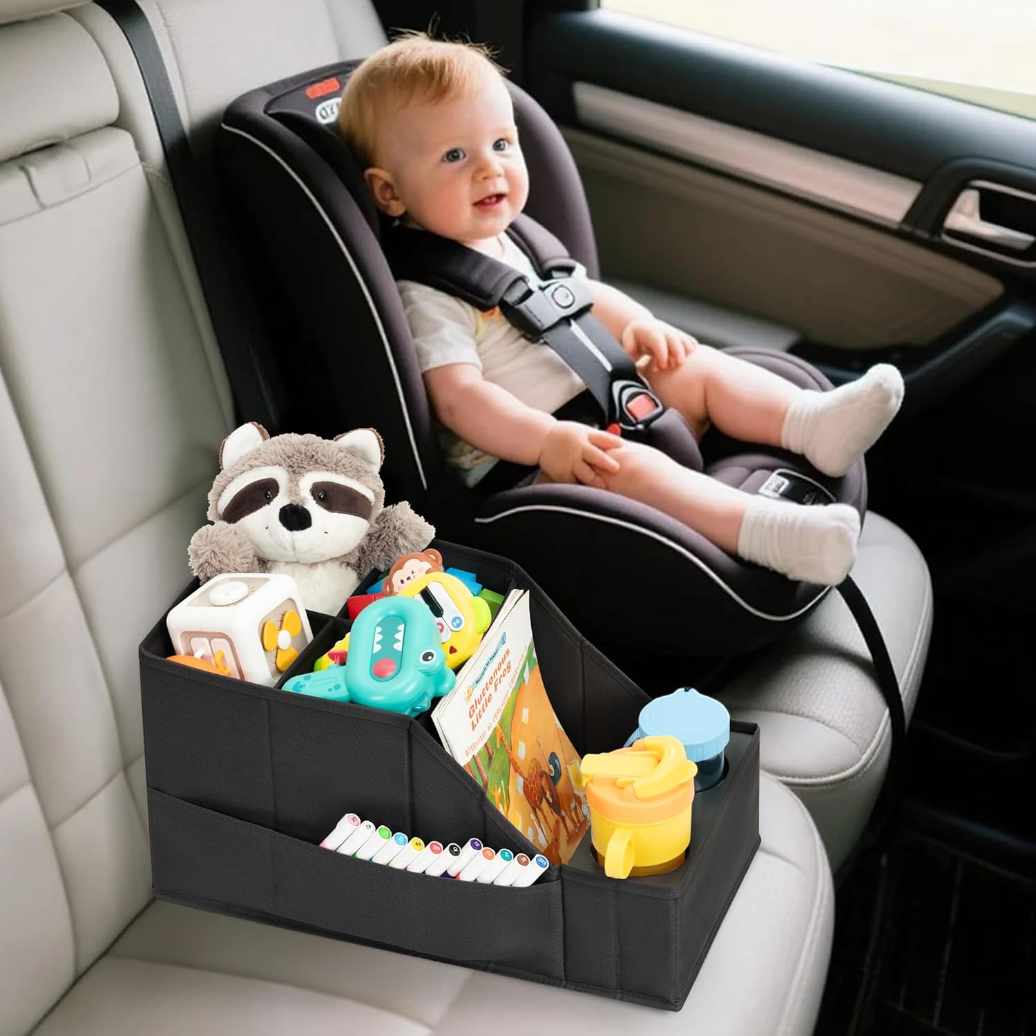 Car Seat Organizer Backseat Front Seat, Car Organizer With 12 Storage Compartments 2 Cup Holders, Snack Storage For Kids Baby, SUV Truck Van Collapsible Storage Bag For Travel, BK, 2PK