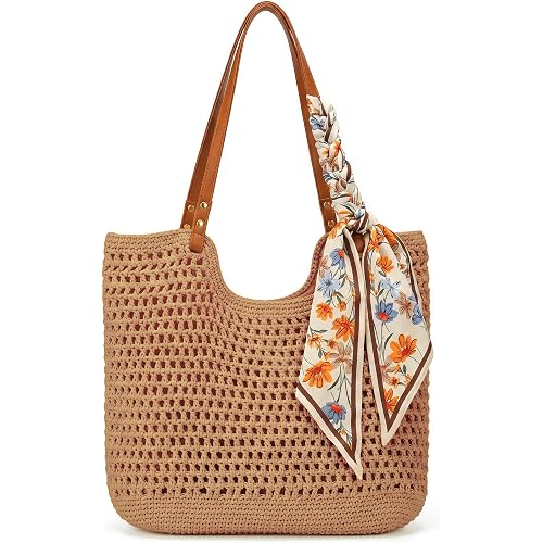 Crochet Beach Tote Bag for Women, Summer Woven Purse, Straw Style | Zipper Closure, Full Lining, Lightweight Foldable Shoulder Bag with Floral Scarf for Boho Vacation, Travel & Daily Use