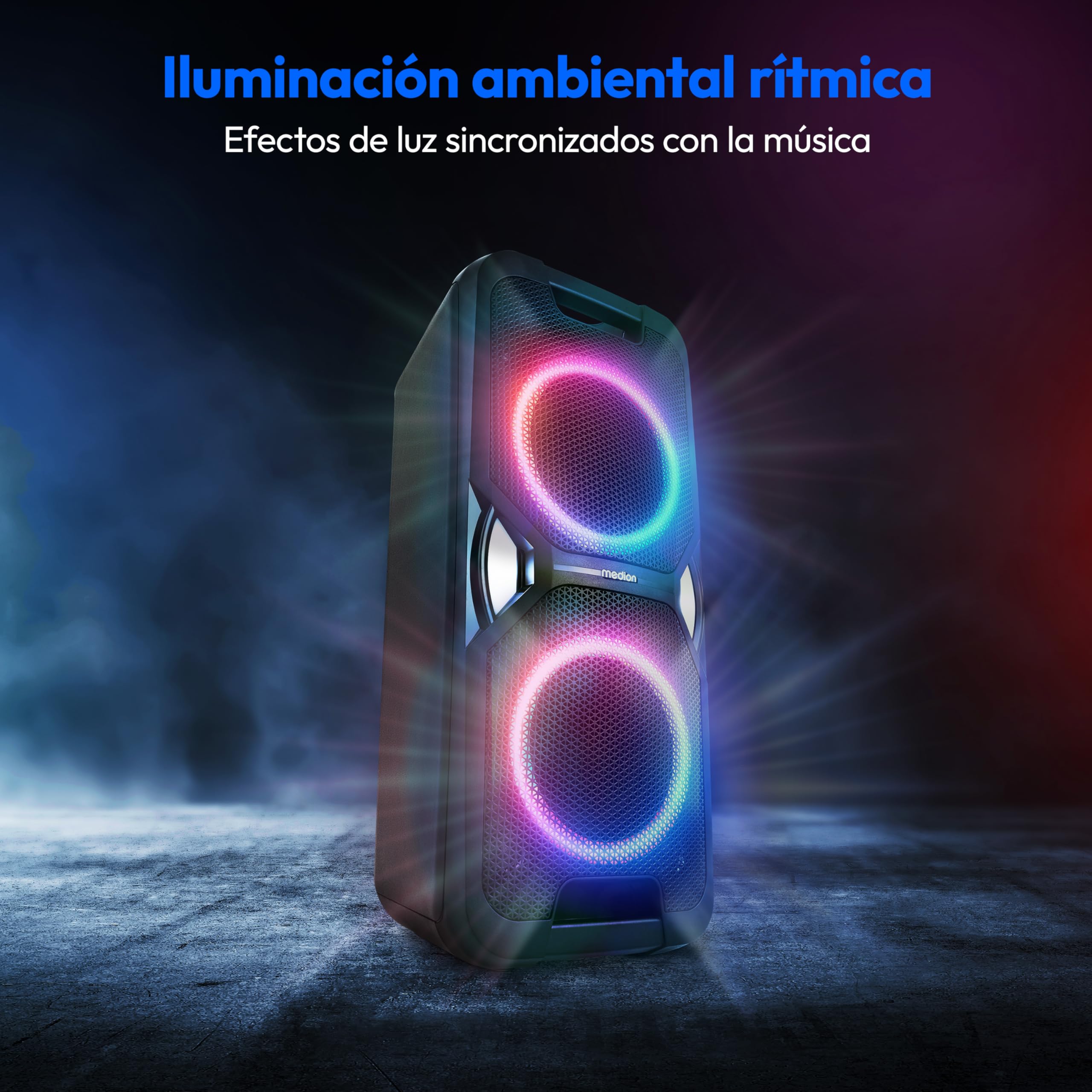 MEDION PE-1 Pure Partybox (batería, con micrófono, Altavoz Bluetooth portátil Grande, Efectos de luz, Karaoke, 2 entradas de micrófono, AUX, USB, Radio, MD400000)
